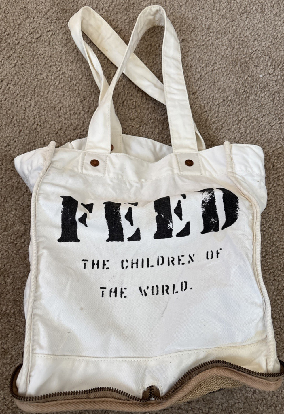 Feed 100 Children of the World Convertible Re-Usable Tote Bag Burlap/Cotton