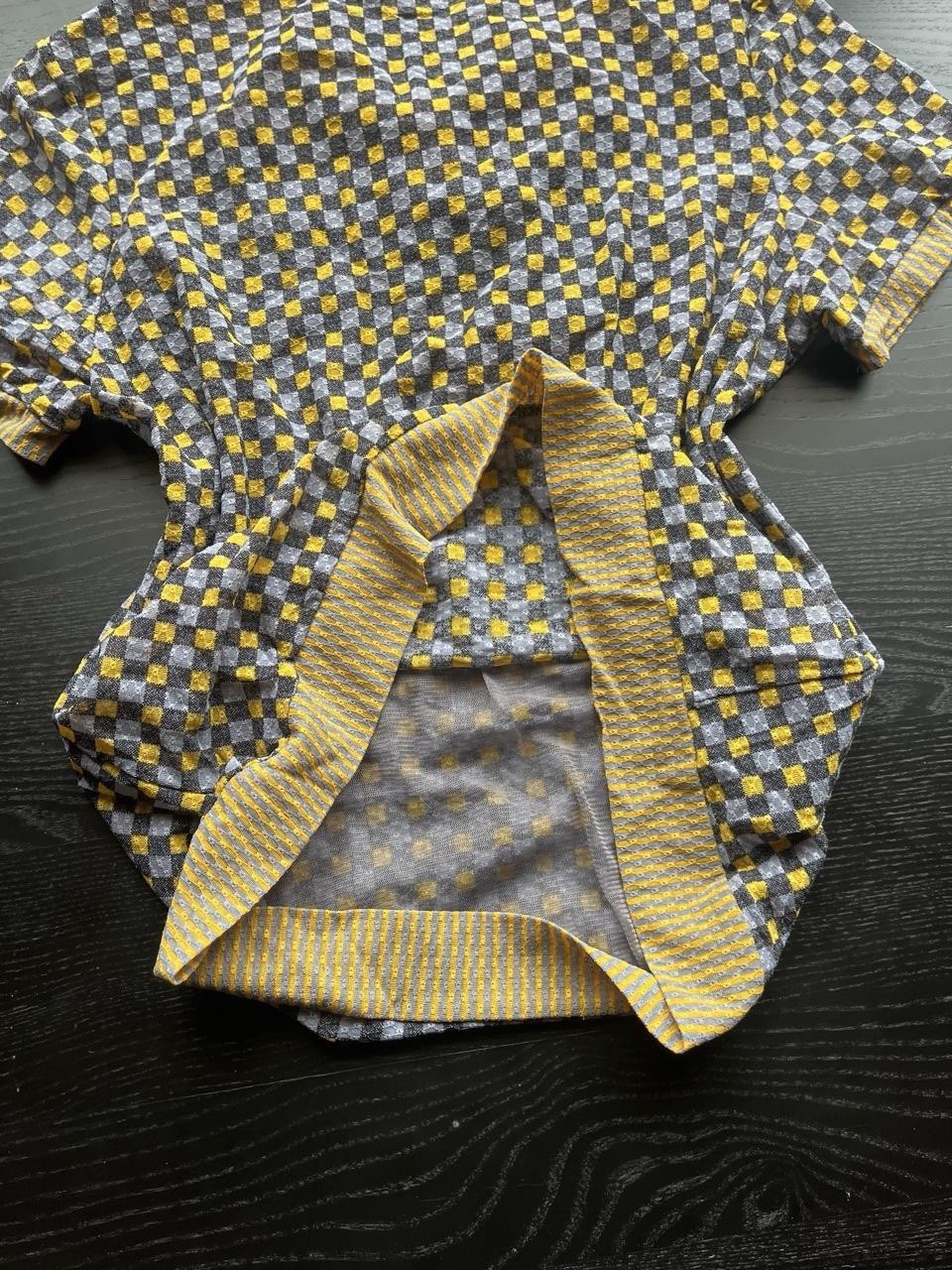 Quirky Vintage Size L Yellow & Black Mixed Pattern Cowl Neck Button Textured Top