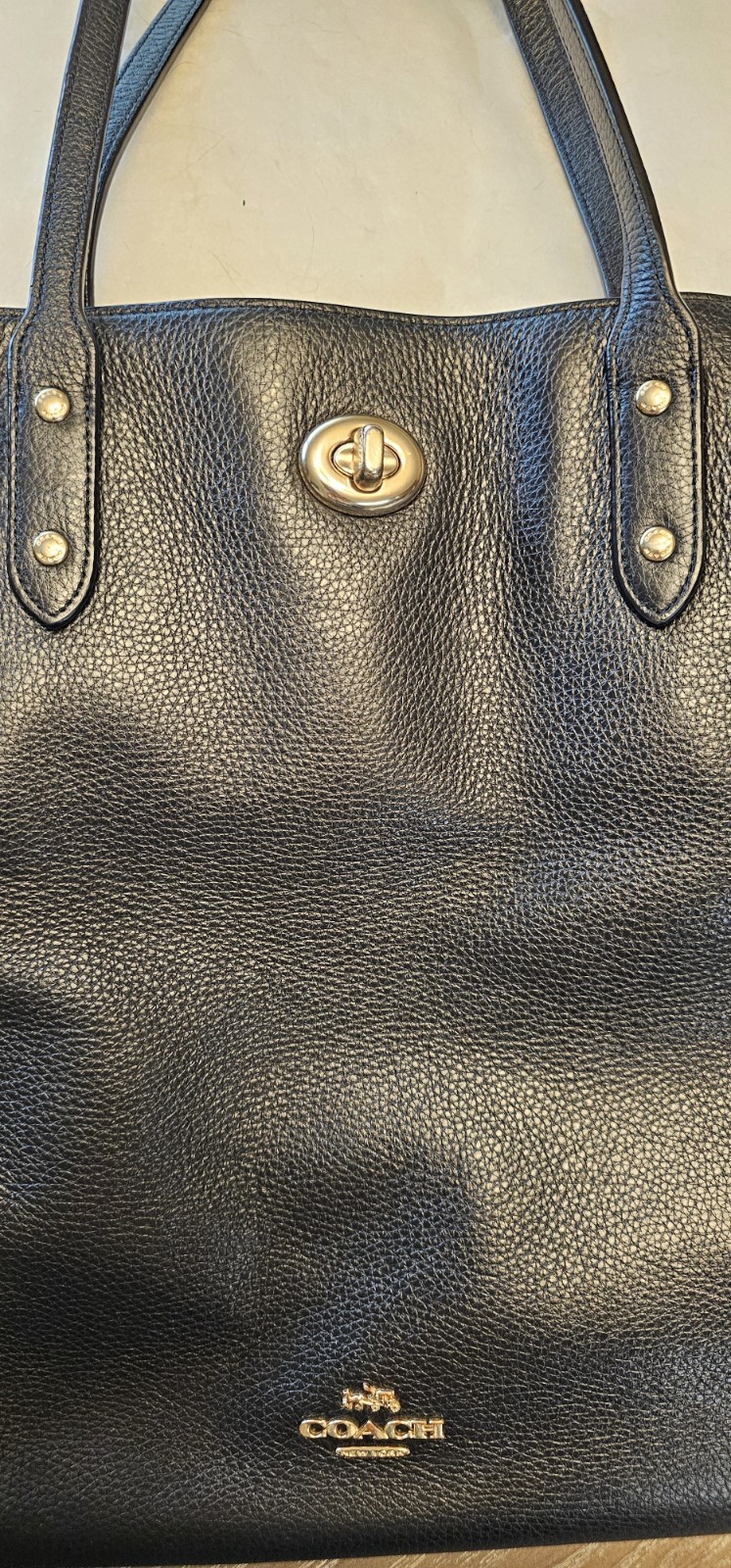Coach Black Pebbled Tote Bag Turn Lock Zip Top Gold Hardware Lined Pockets