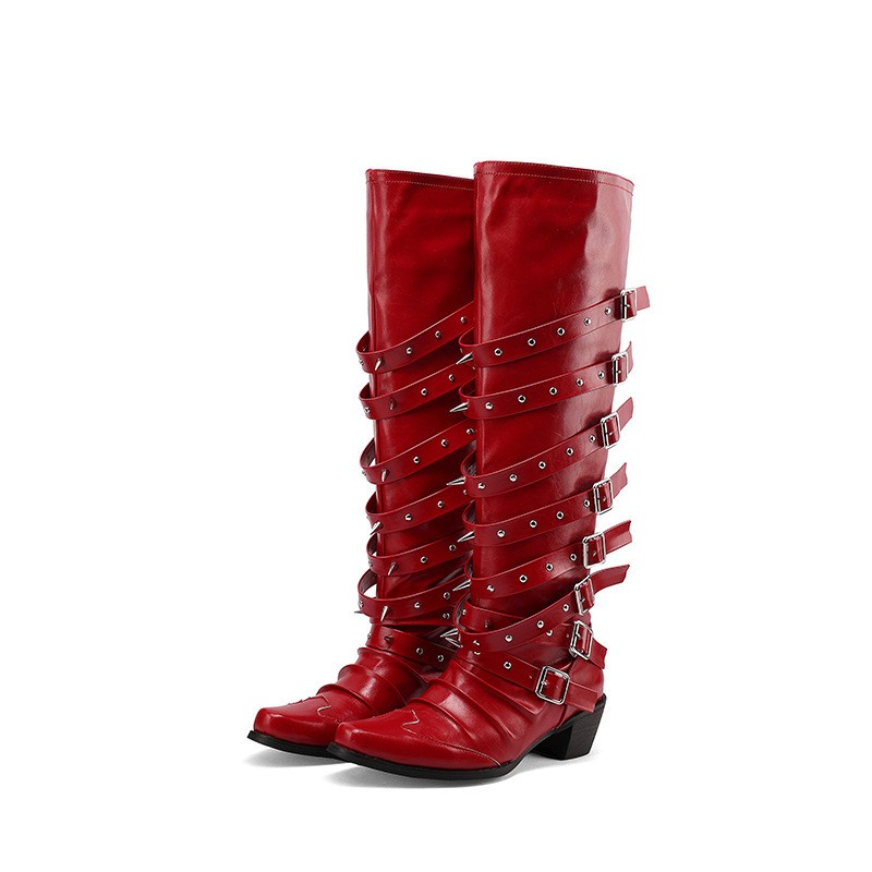 Rivet Cowgirl Knight Boots Women Pointy Toe Multi Buckles Low Heel Western Shoes