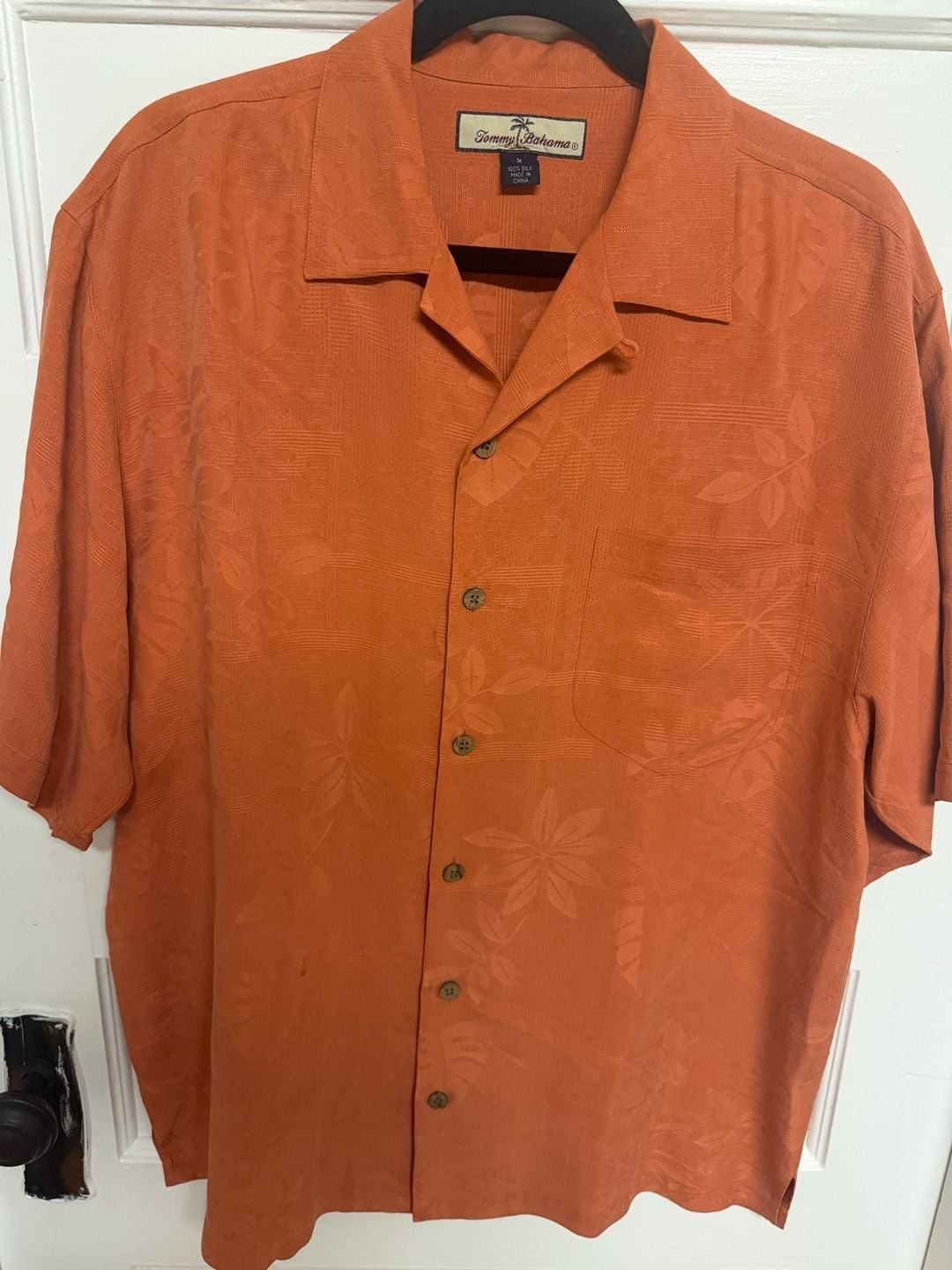 Tommy Bahama 100% Silk Jacquard Floral Orange Camp Shirt
