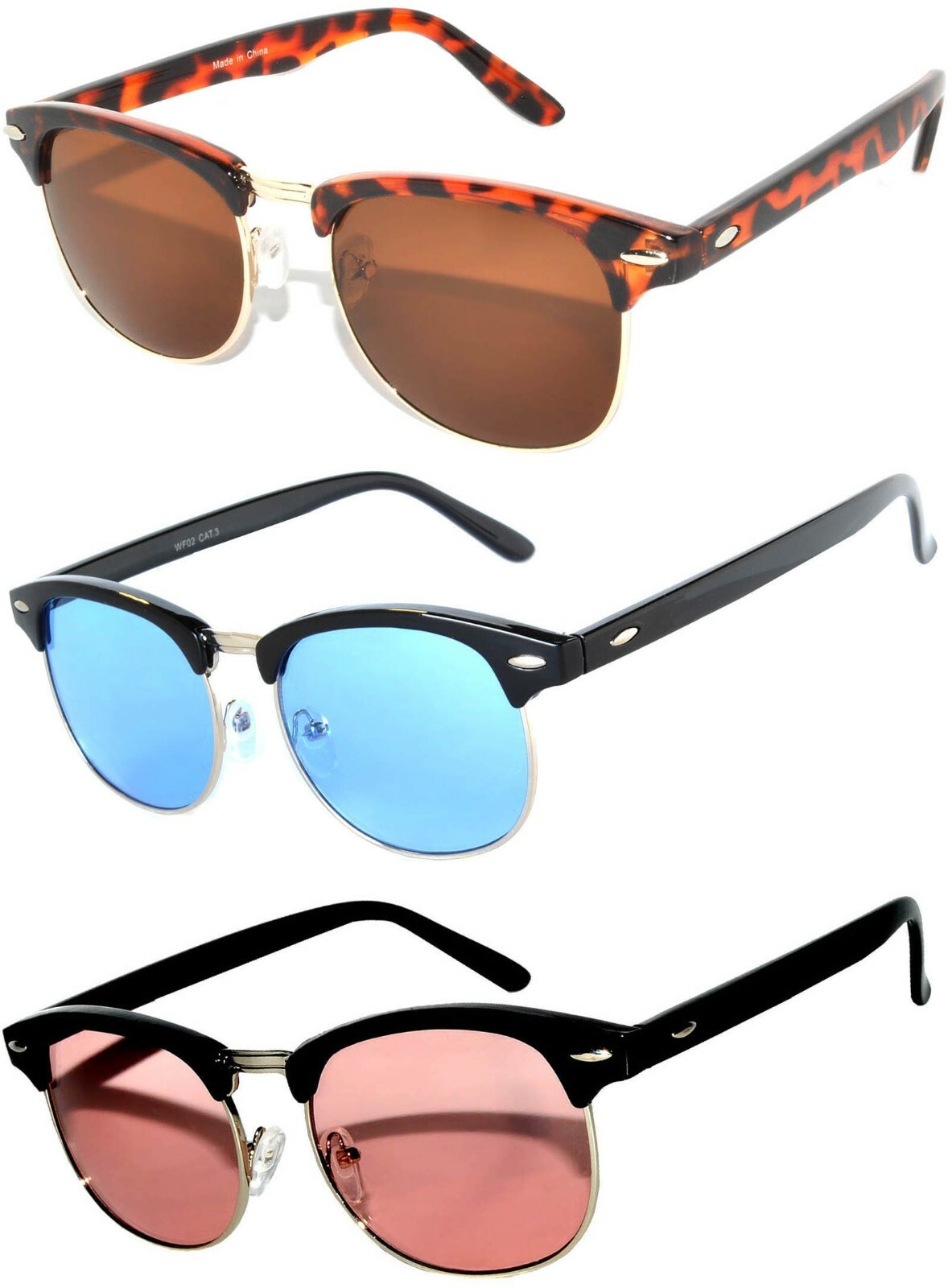Set of 3 Half Frame Semi Rimless Horn Rim Sunglasses Pink Blue Yellow Lens