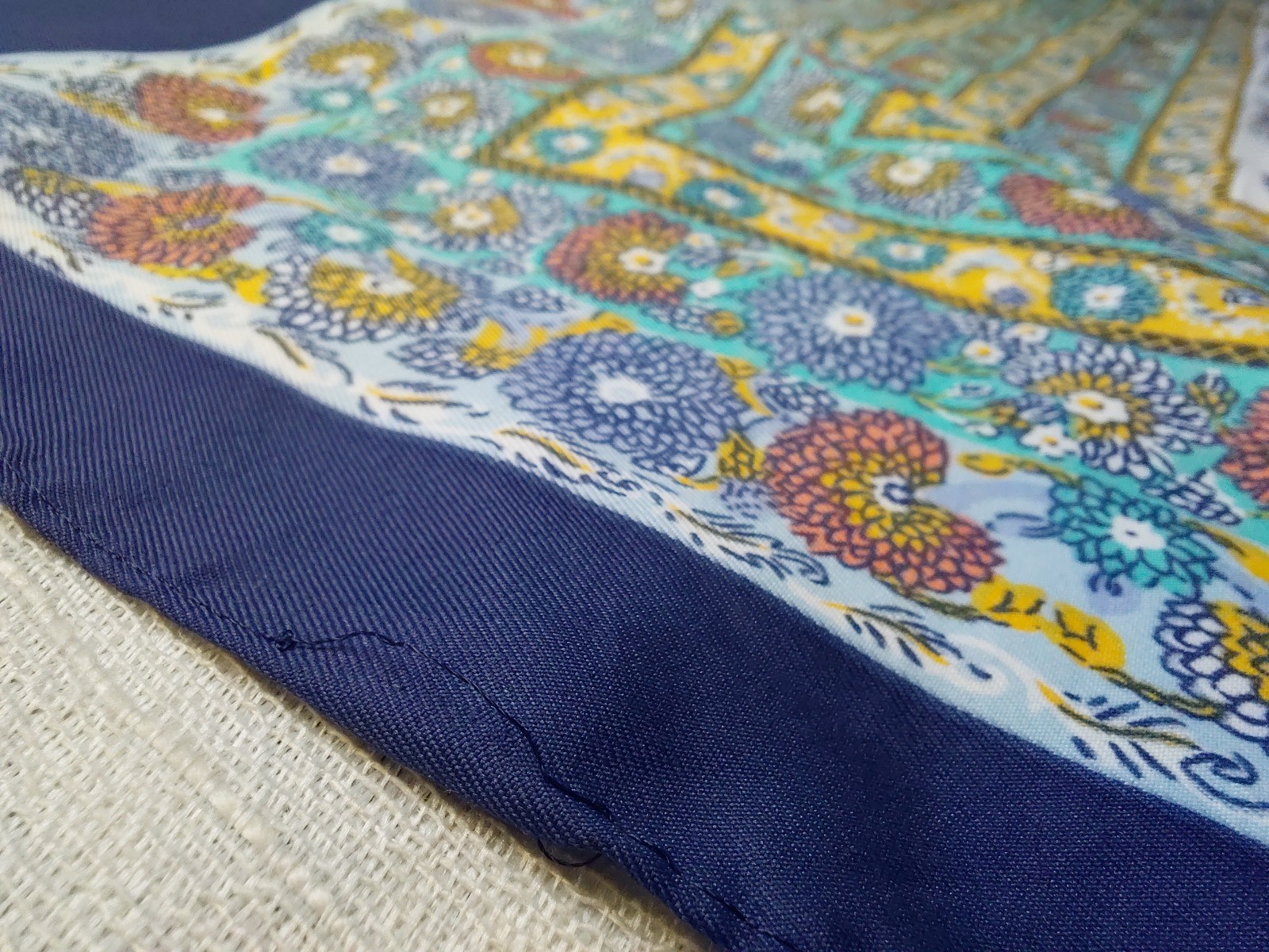 Vintage Blue Floral Medallion Square Scarf Boho Festival Head Wrap Neckerchief