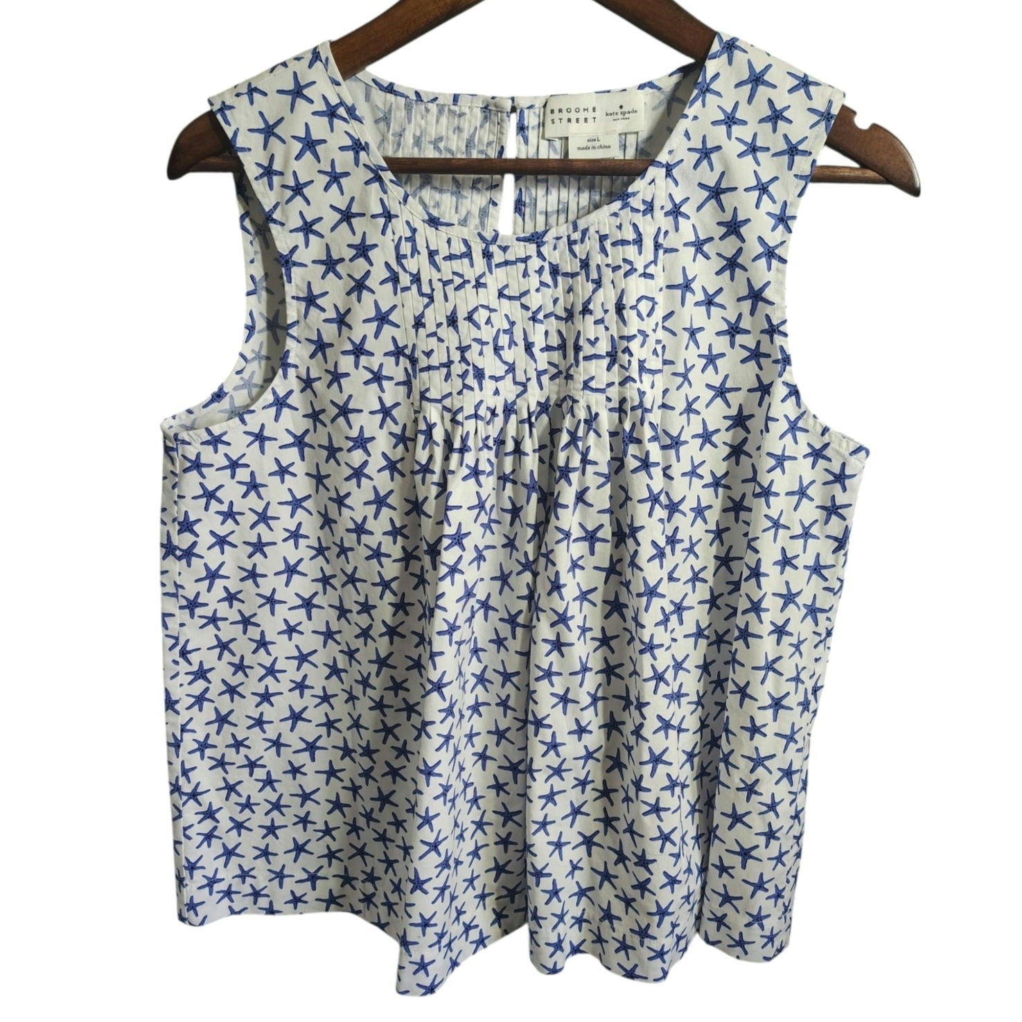 Kate Spade Broome St Starfish Sleeveless Blouse White Blue Coastal Top Large