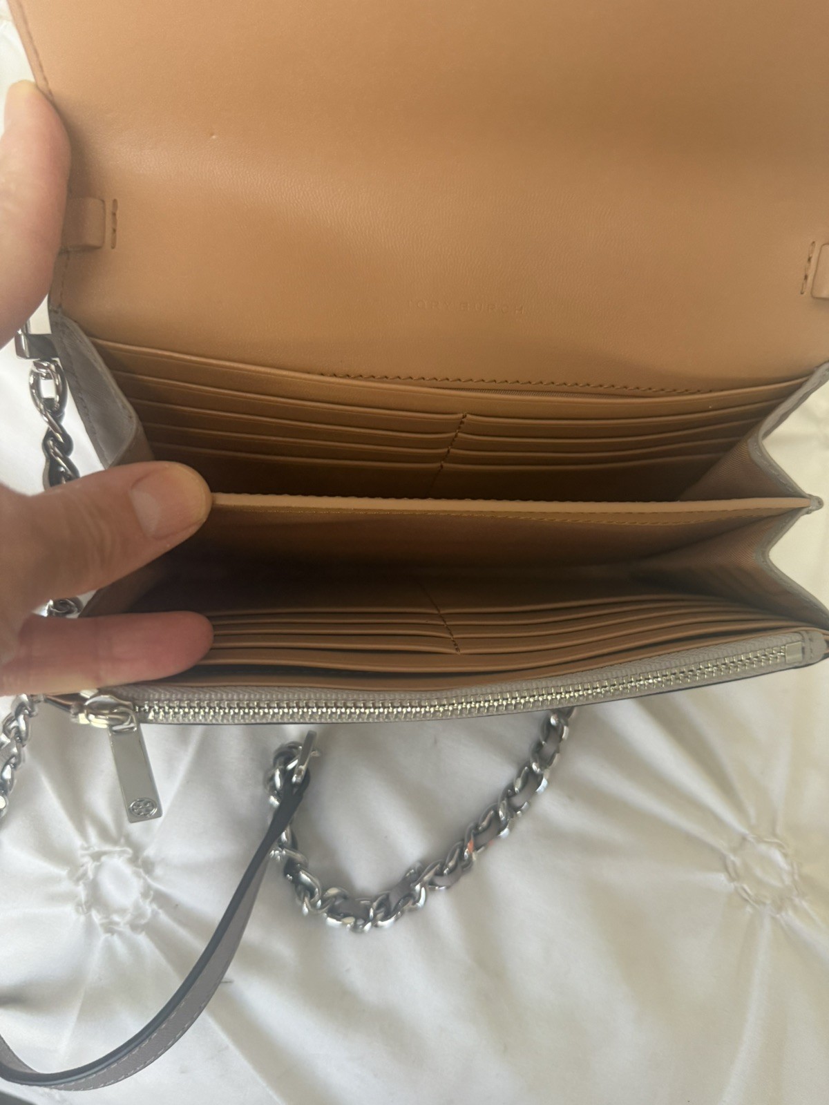 Tory Burch Gray Leather Robinson Wallet On Chain Crossbody