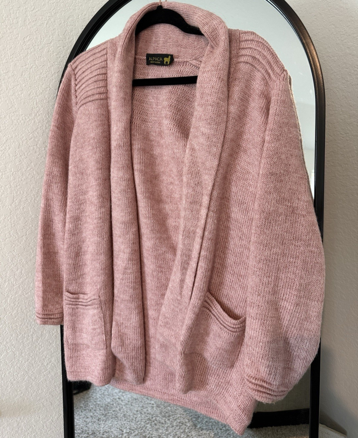 Alpaca Pink Knit Shawl Collar Open Front Cardigan Sweater Pockets Juniors S