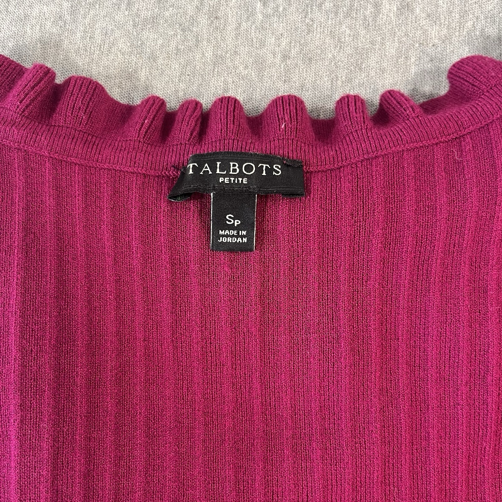 Talbots Fushia 3/4 Sleeve Ribbed Knit Top Ruffled Tie Neck Women’s SP