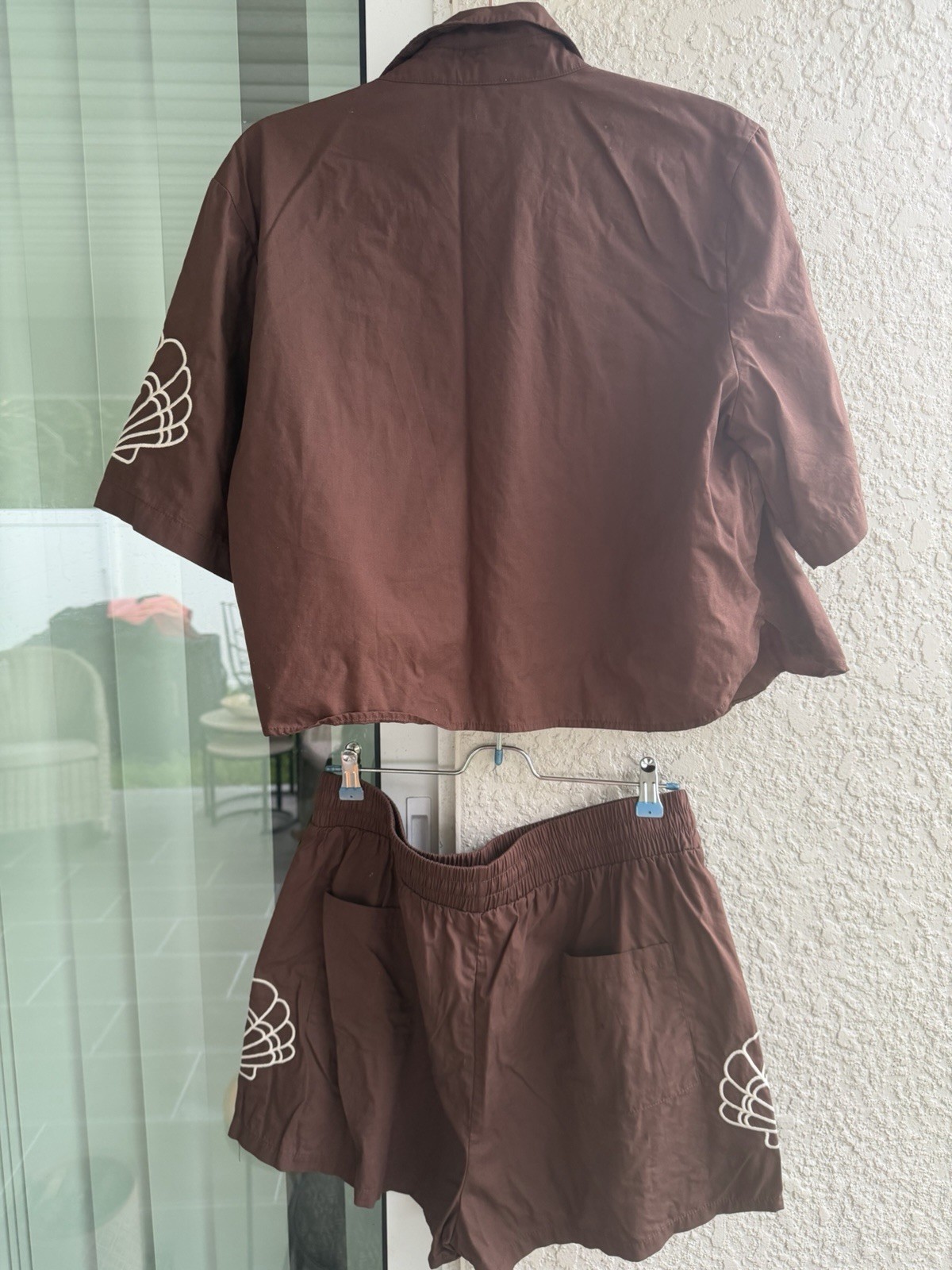 Paper Heart Brown Embroidered Button-Up Shirt & Shorts Set L Elastic Waist