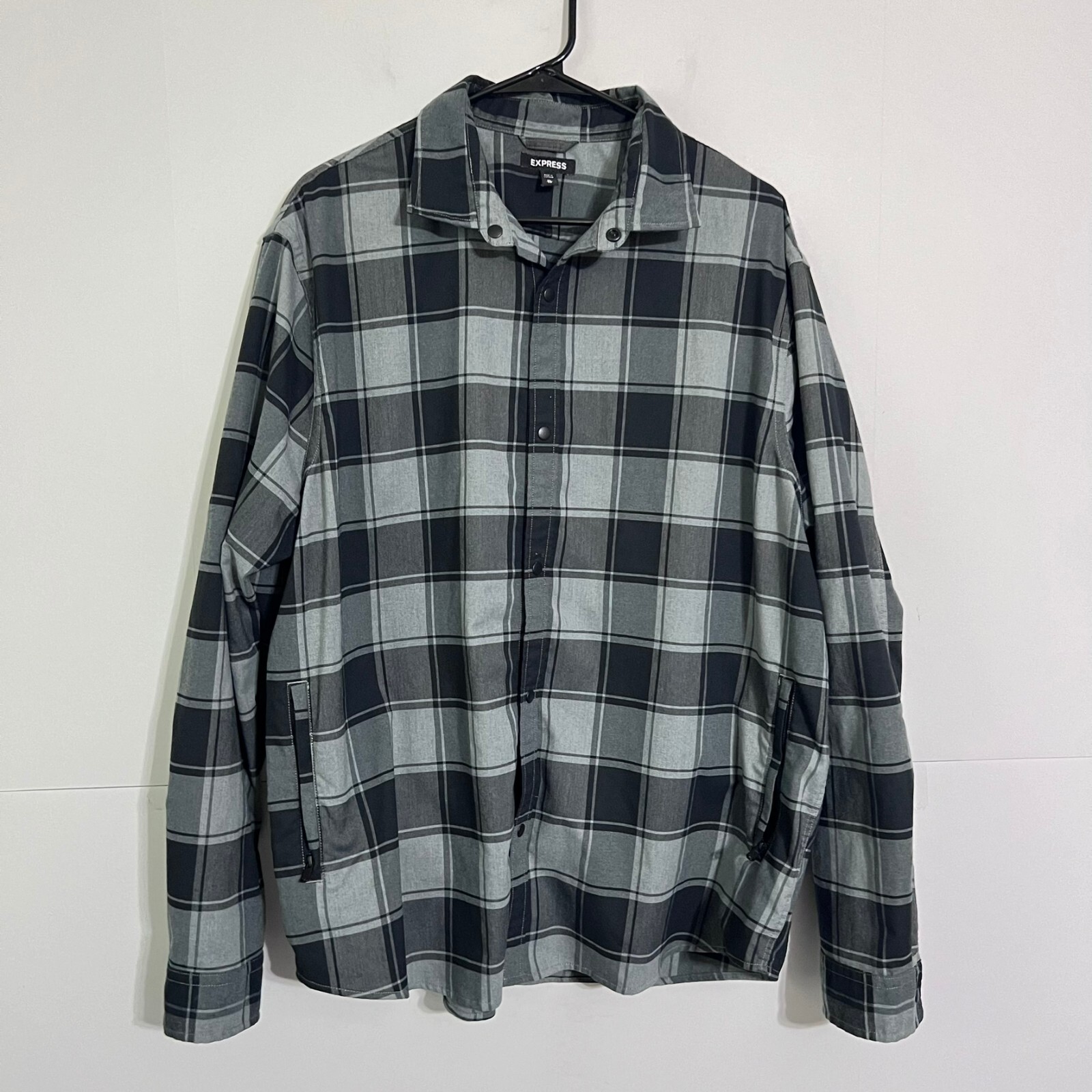 Express Mens Twill Canvas Shacket Shirt Size XL Grey Plaid Button Snap Zip