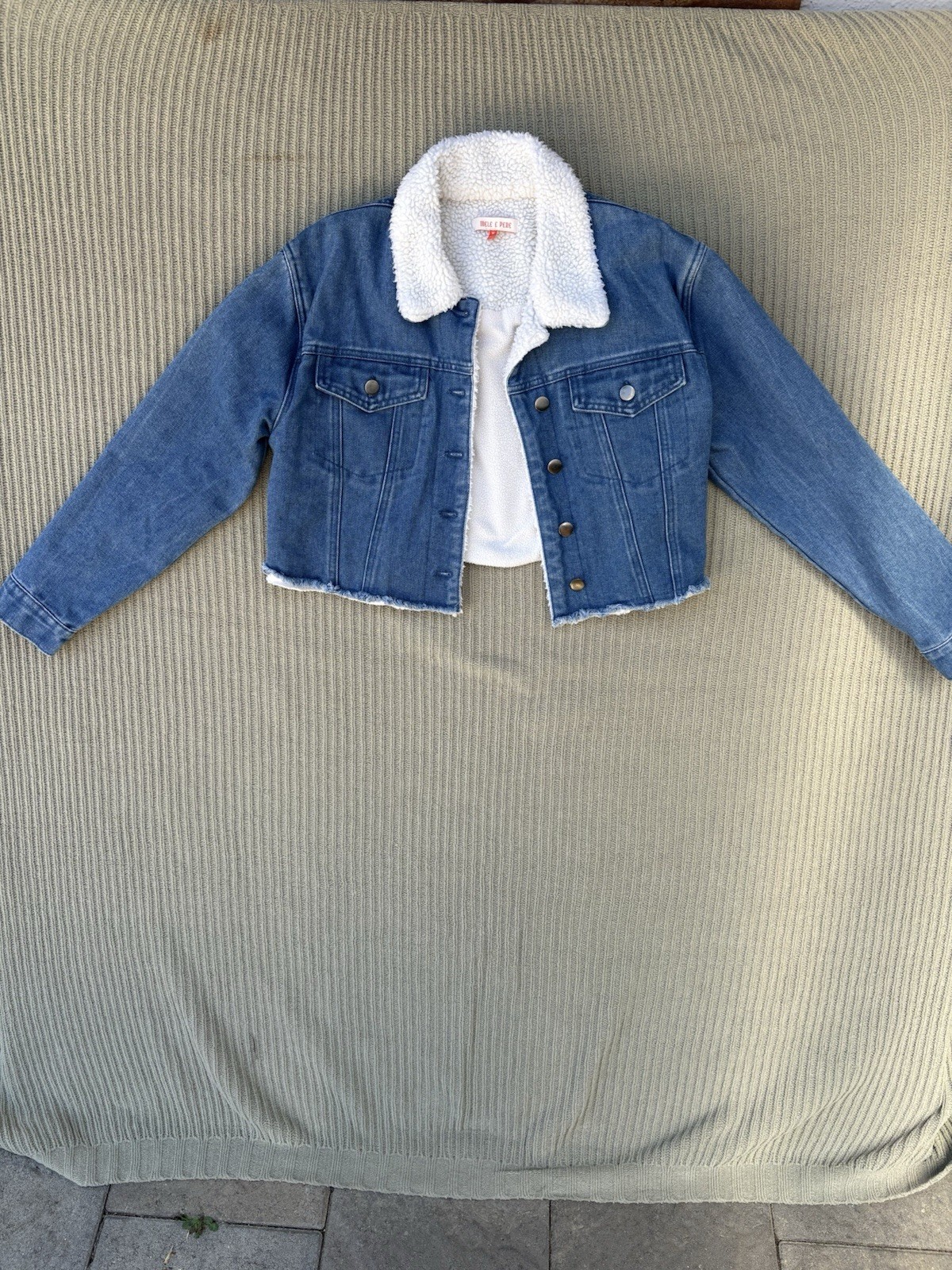 MELE E PERE Sherpa Collar Cropped Denim Jacket Blue Button Frayed Hem Pockets M