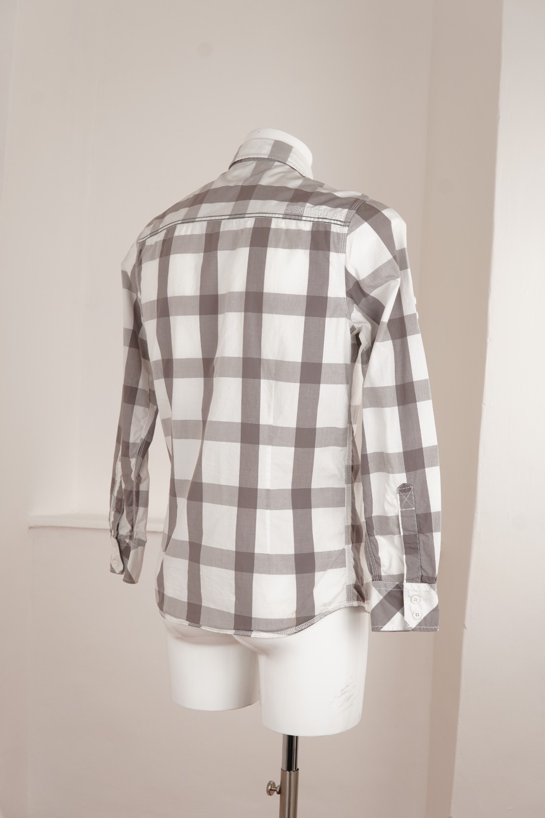 Vintage Blend Plaid Shirt Grey White Cotton Casual Mens M