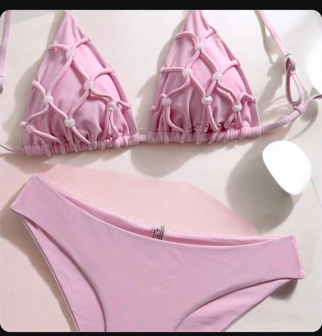 Women’s Pink Beaded Triangle Halter Bikini 2-Piece Set Bottoms Size S