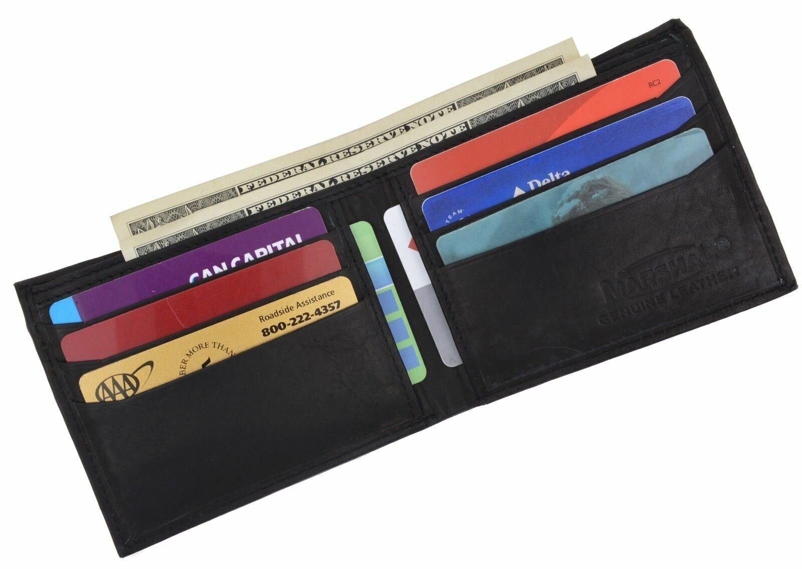 Leather Double Bill BiFold 6 Credit Card Black Men’s Wallet Marshal