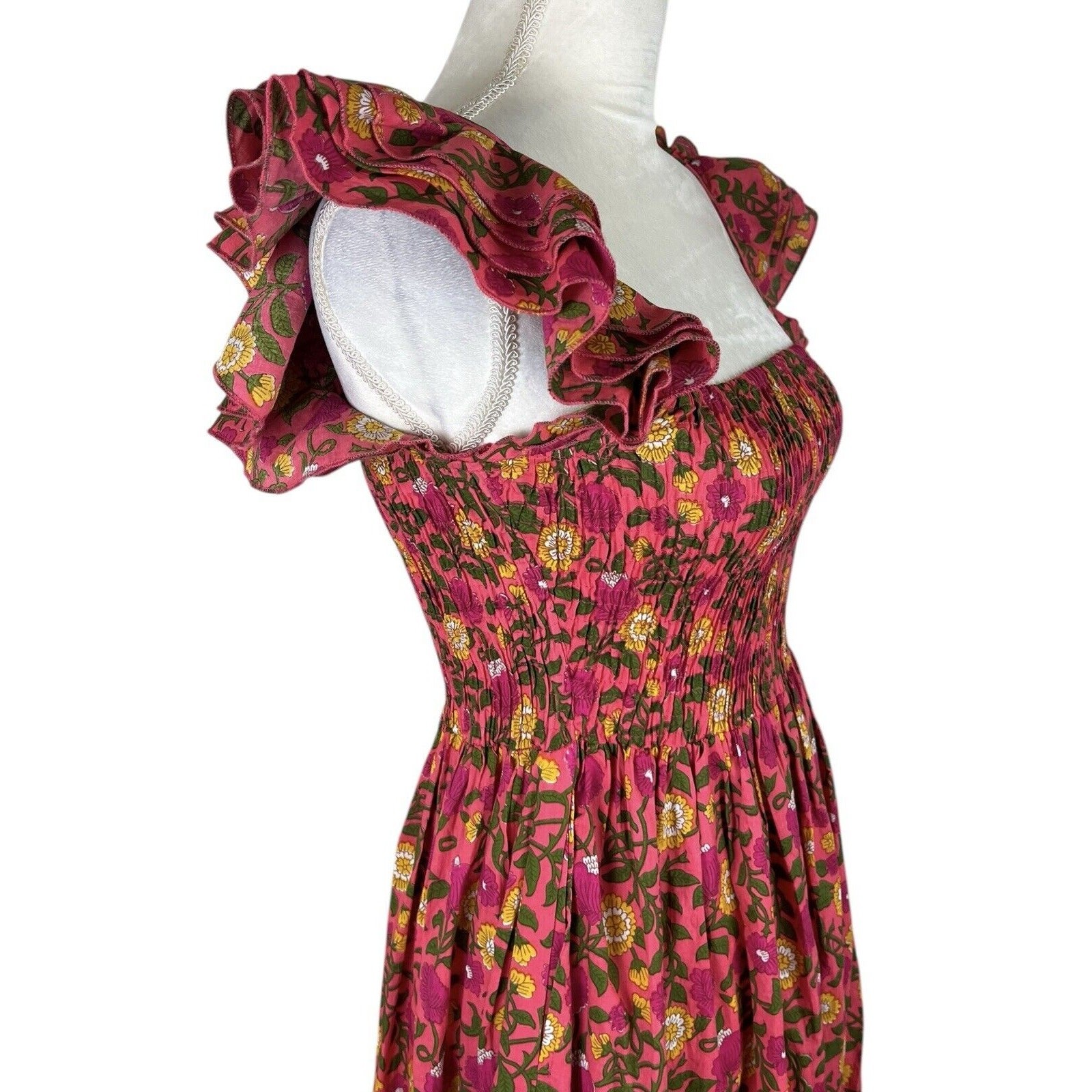 Mille Olympia Floral Smocked Midi Dress Ruffle Strap Cottagecore Coastal Sz XXS