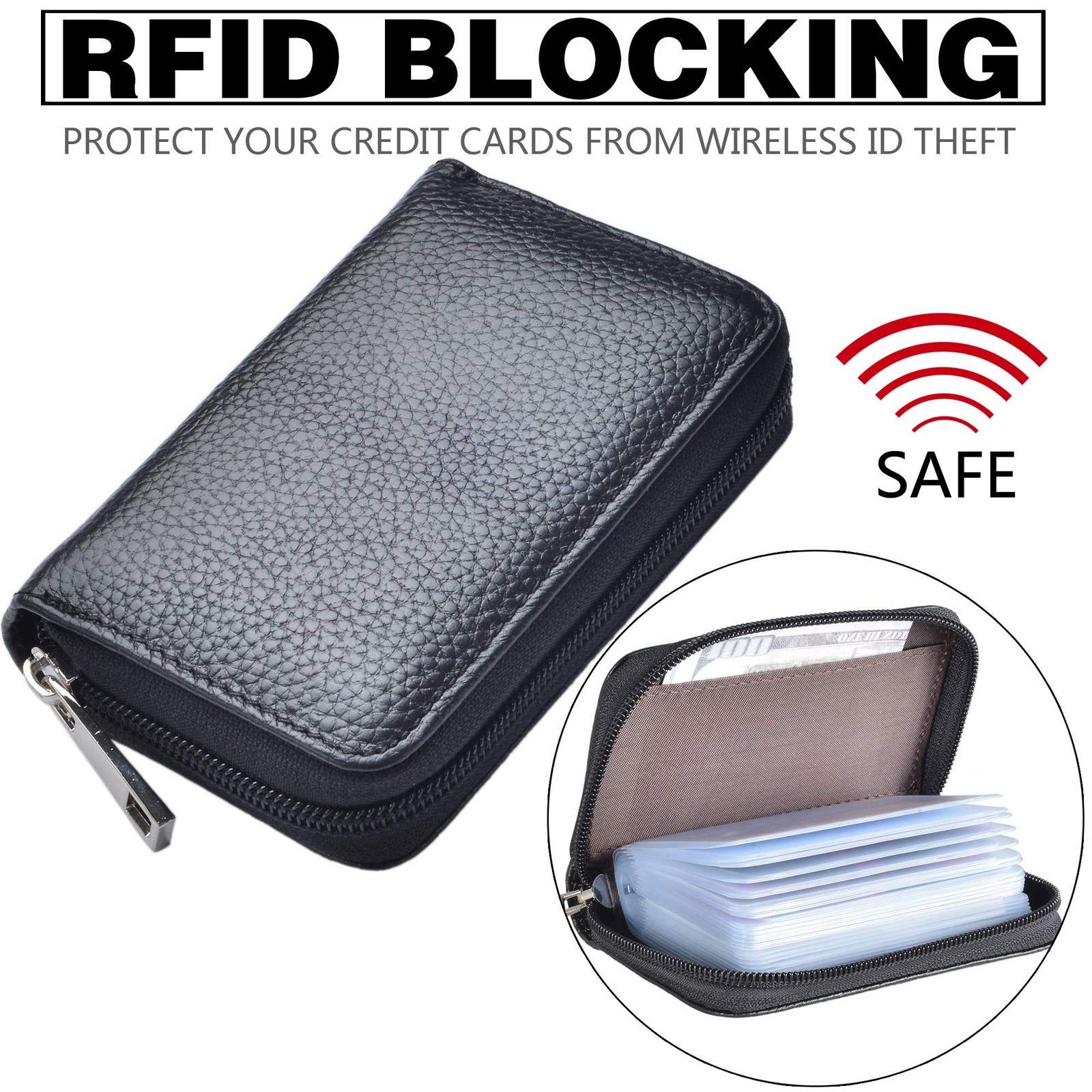 Genuine Leather Credit Card Holder Zipper Wallet With 26 Card Slots (Black)