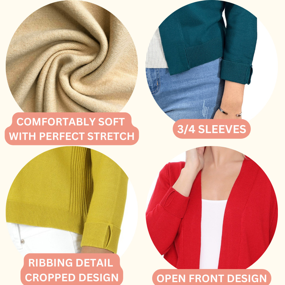 YEMAK Women’s Cropped Bolero 3/4 Sleeve Classic Open Front Cardigan MK3558(S-XL)