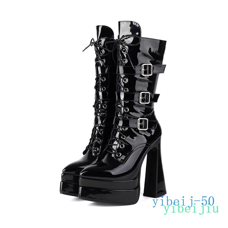 Women’s Mid Calf Boots High Heels Platform Leather Runway Party Buckle Shoes Zip