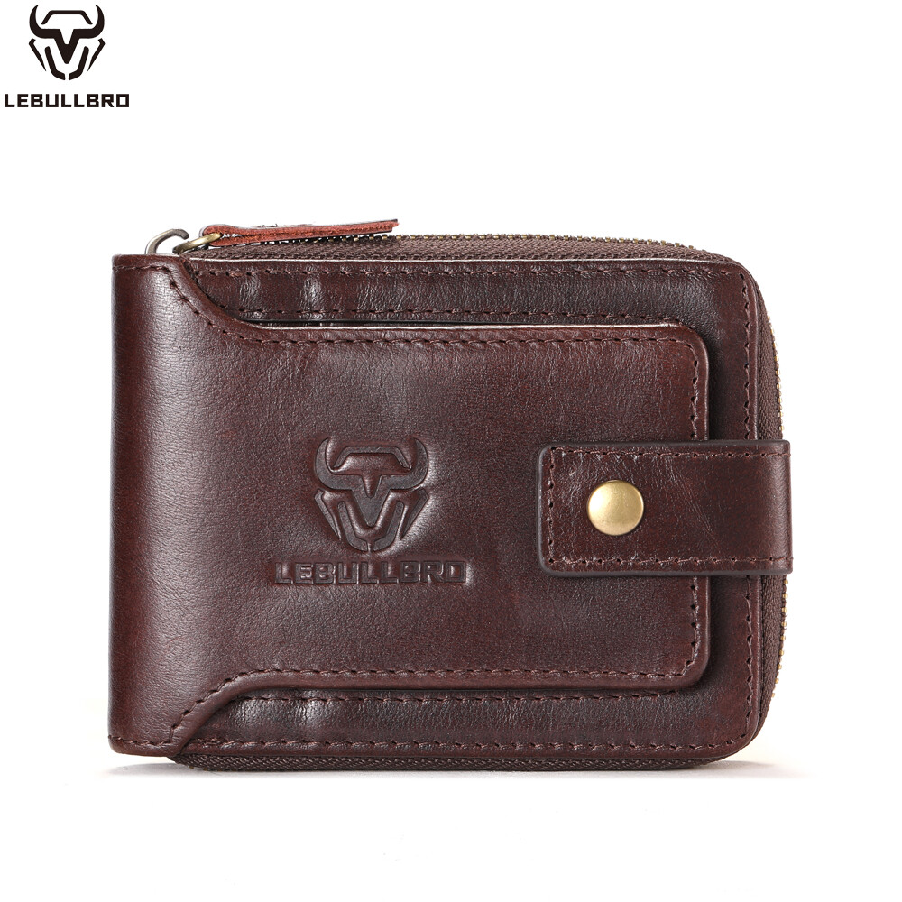 Genuine Leather Wallet Men Large Capacity ID Window Card Case Zip Coin Pocket