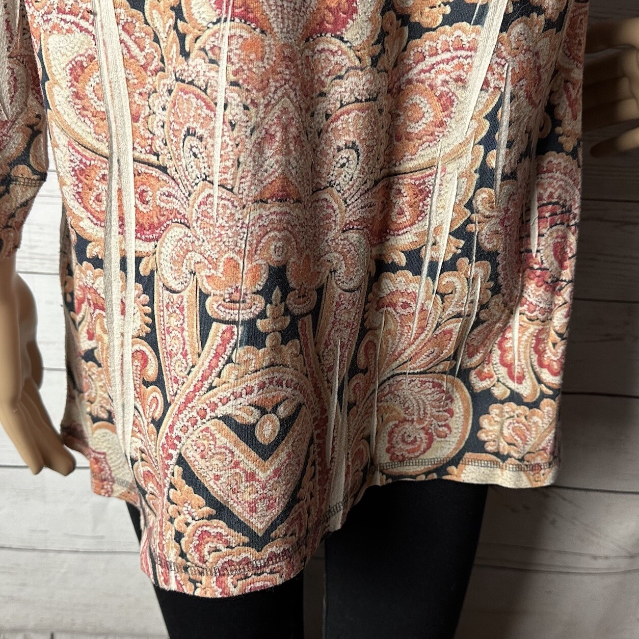 Vintage 90s One World Tunic Large Pink Tan Black Orange Paisley Rhinestone Shirt