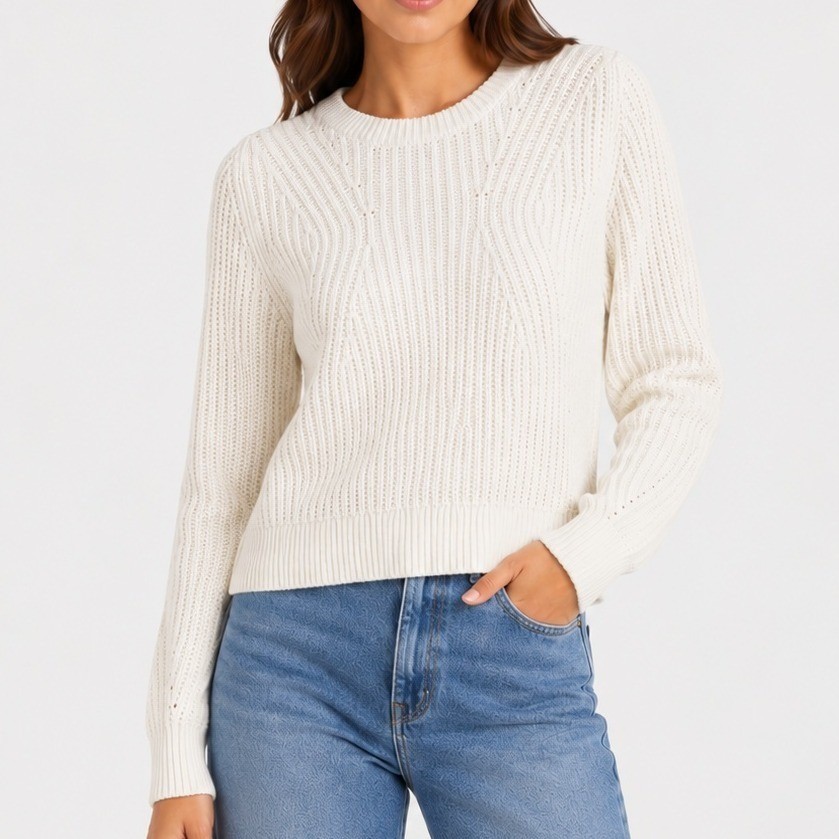Banana Republic Sweater Womens Cream Cotton Blend Ribbed Chevron Knit Small
