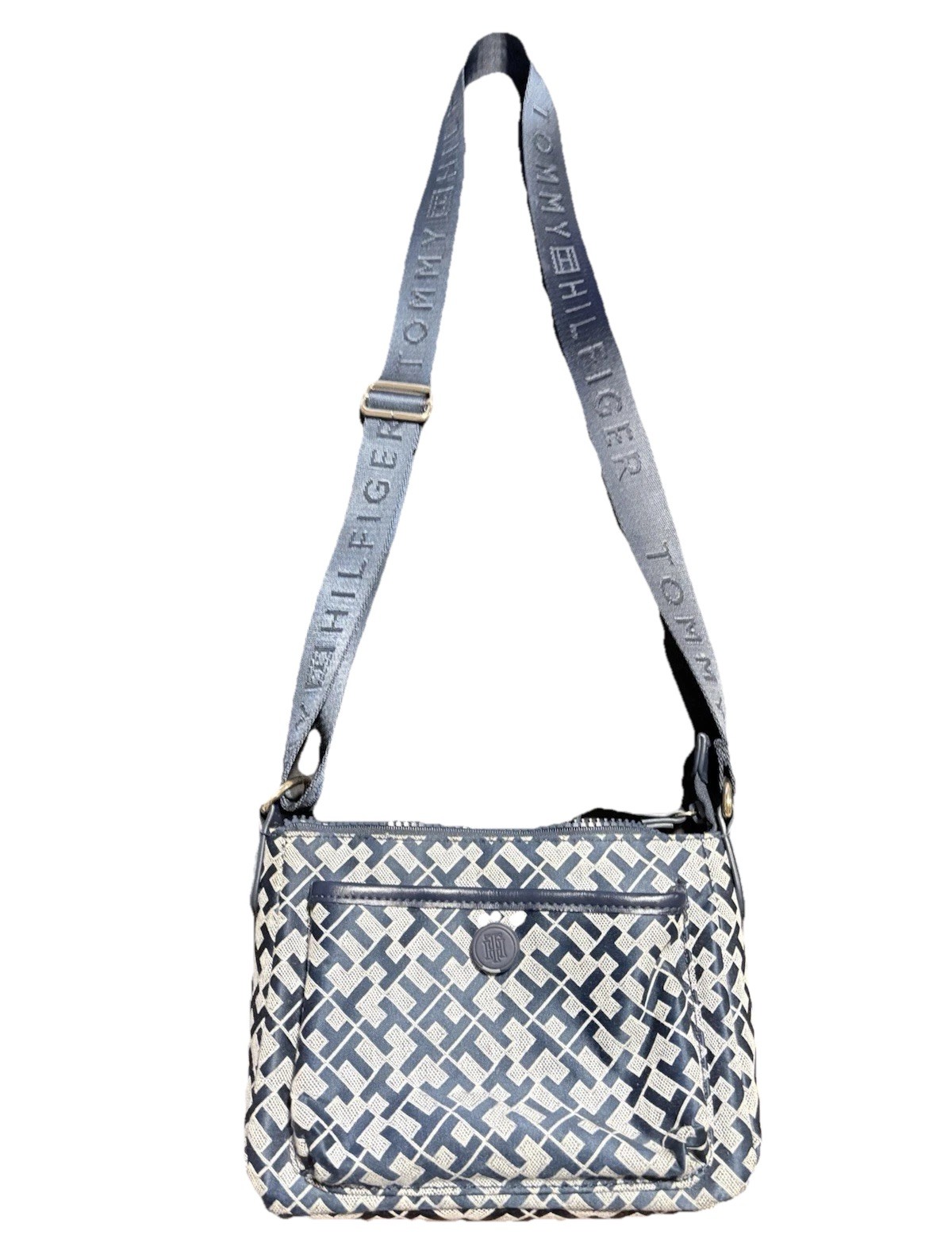 Tommy Hilfiger Blue/White Monogram Crossbody Bag Zip Closure Adjustable Strap