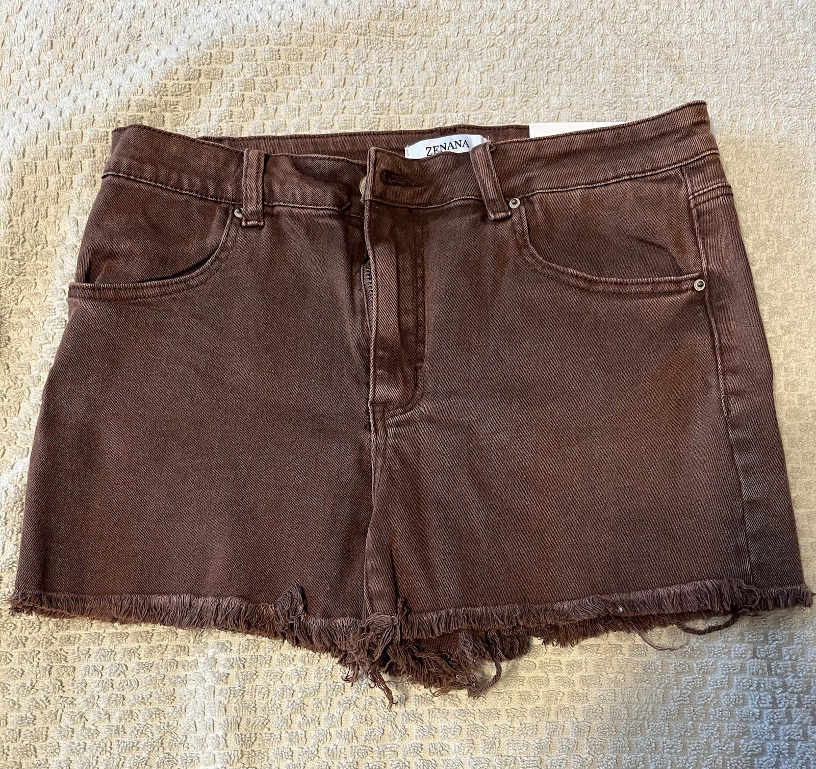 Zenana Women’s M 30 Brown Mid Rise Cut Off Denim Shorts 5-Pocket Zip