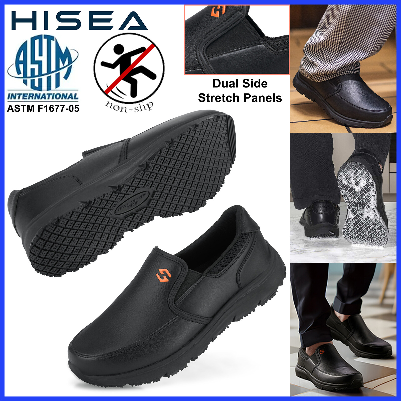 HISEA Men Slip-On Non-Slip Shoes Water & Oil Resistant Chef Restaurant Work Shoe