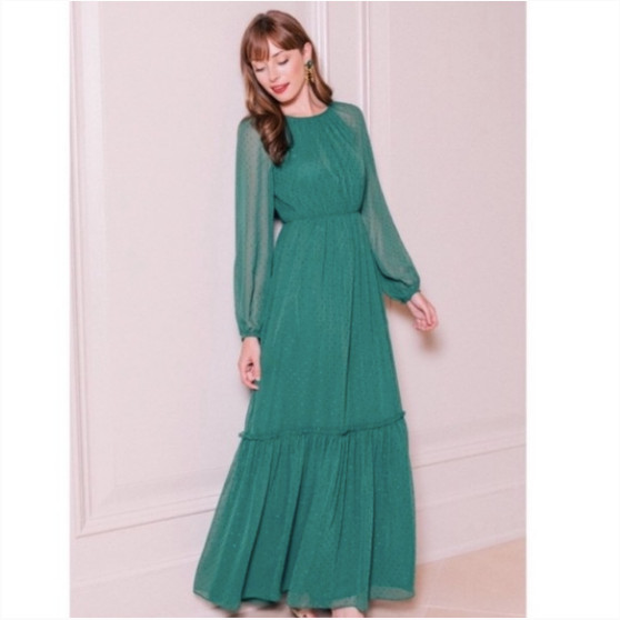 GAL MEETS GLAM Georgette Tiered Maxi Dress in Holly Green 16 Sheer Flowy Women