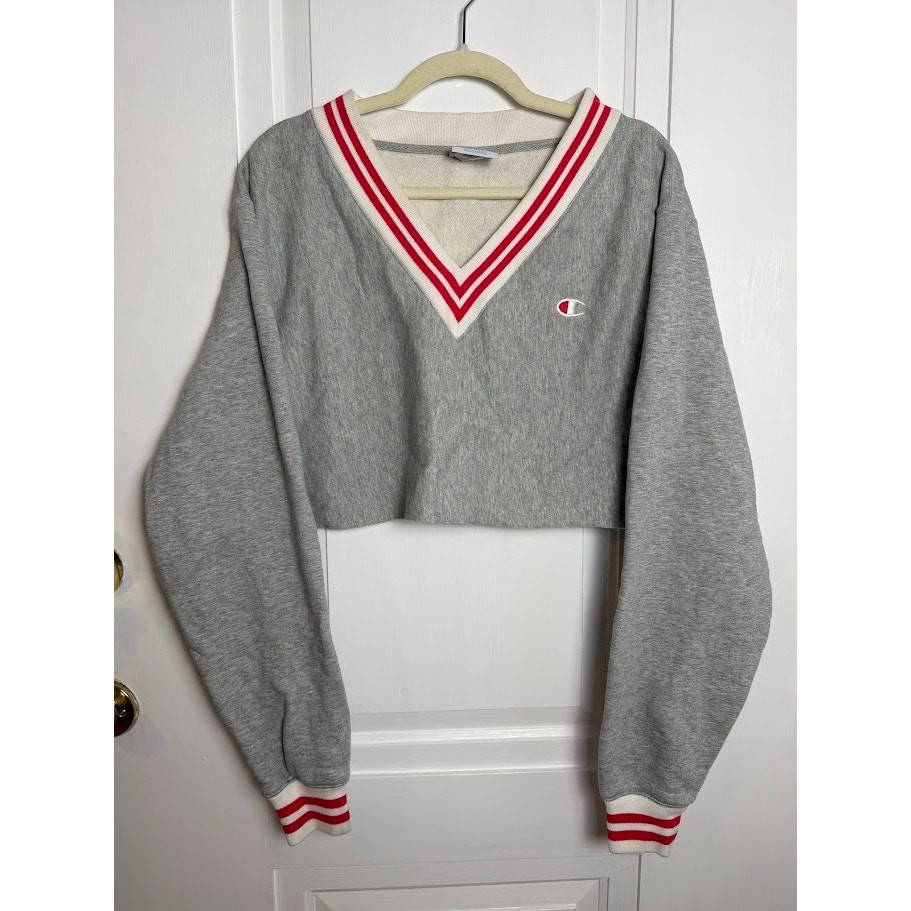 Champion Cropped V-Neck Oversized Sweatshirt College Prep Yarn Dye Stripe Small