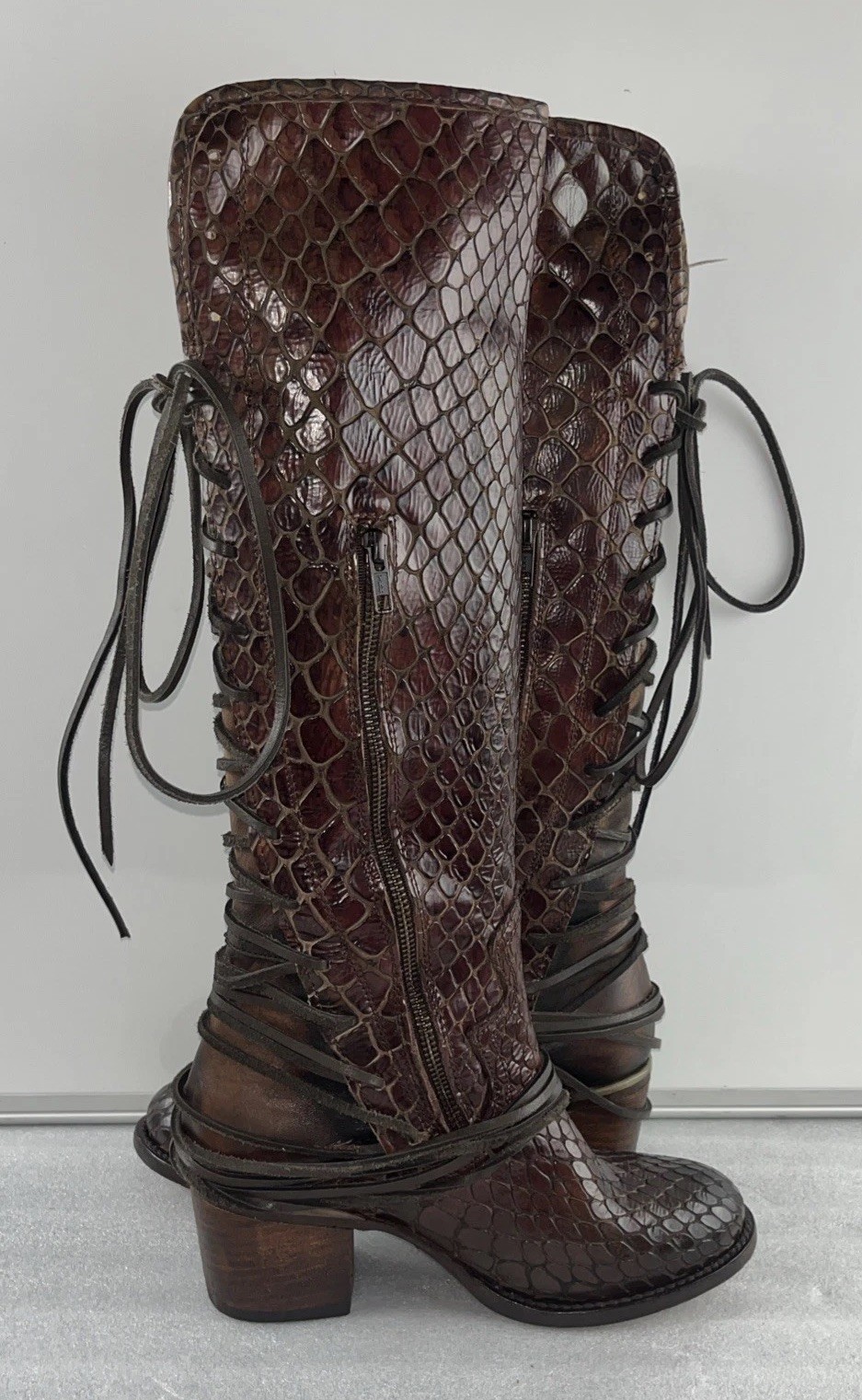 Rare Freebird by Steven Cognac Croco Coals – Sz 8 / Tall Leather Lace Up Boots
