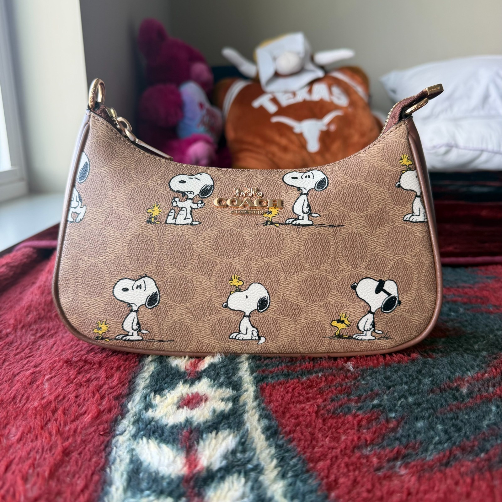 NWT COACH x PEANUTS Teri Shoulder Bag CBJ88 Snoopy Tan Brown Signature Canvas NE