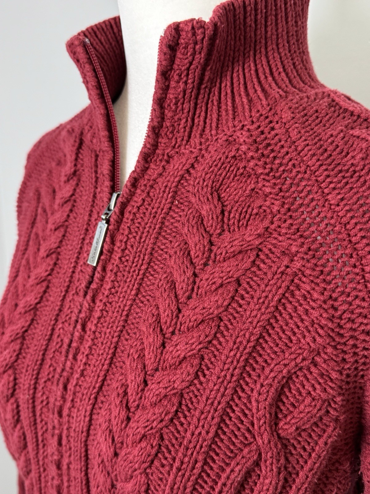 Vintage Eddie Bauer Red Chunky Cable Knit Zip Sweater Women’s Medium Classic