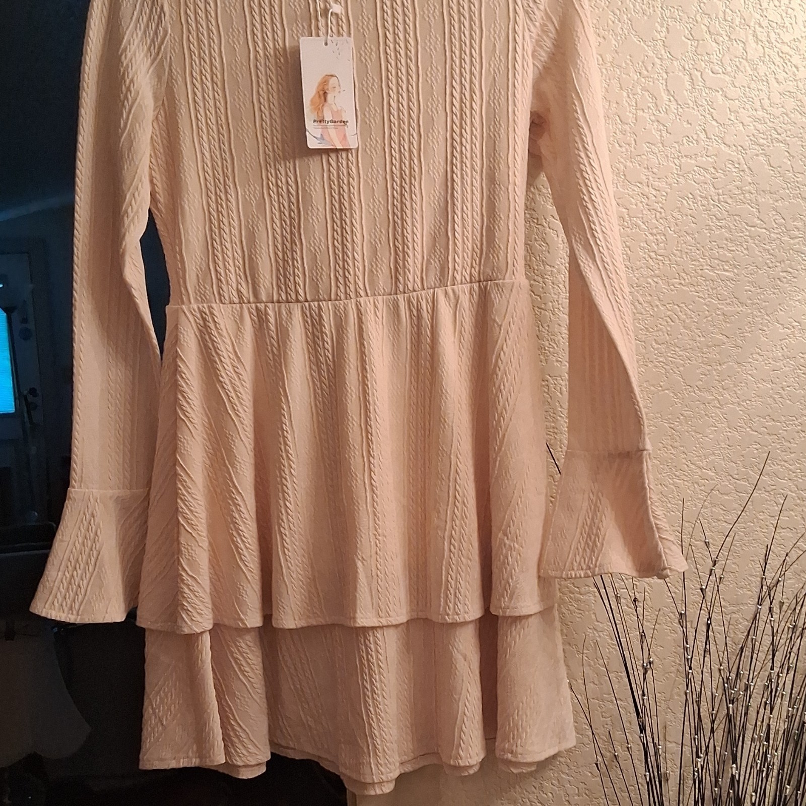 Prettygarden Ivory Solid Round Neck Long Sleeve Knit Ruffle Peplum Blouse M