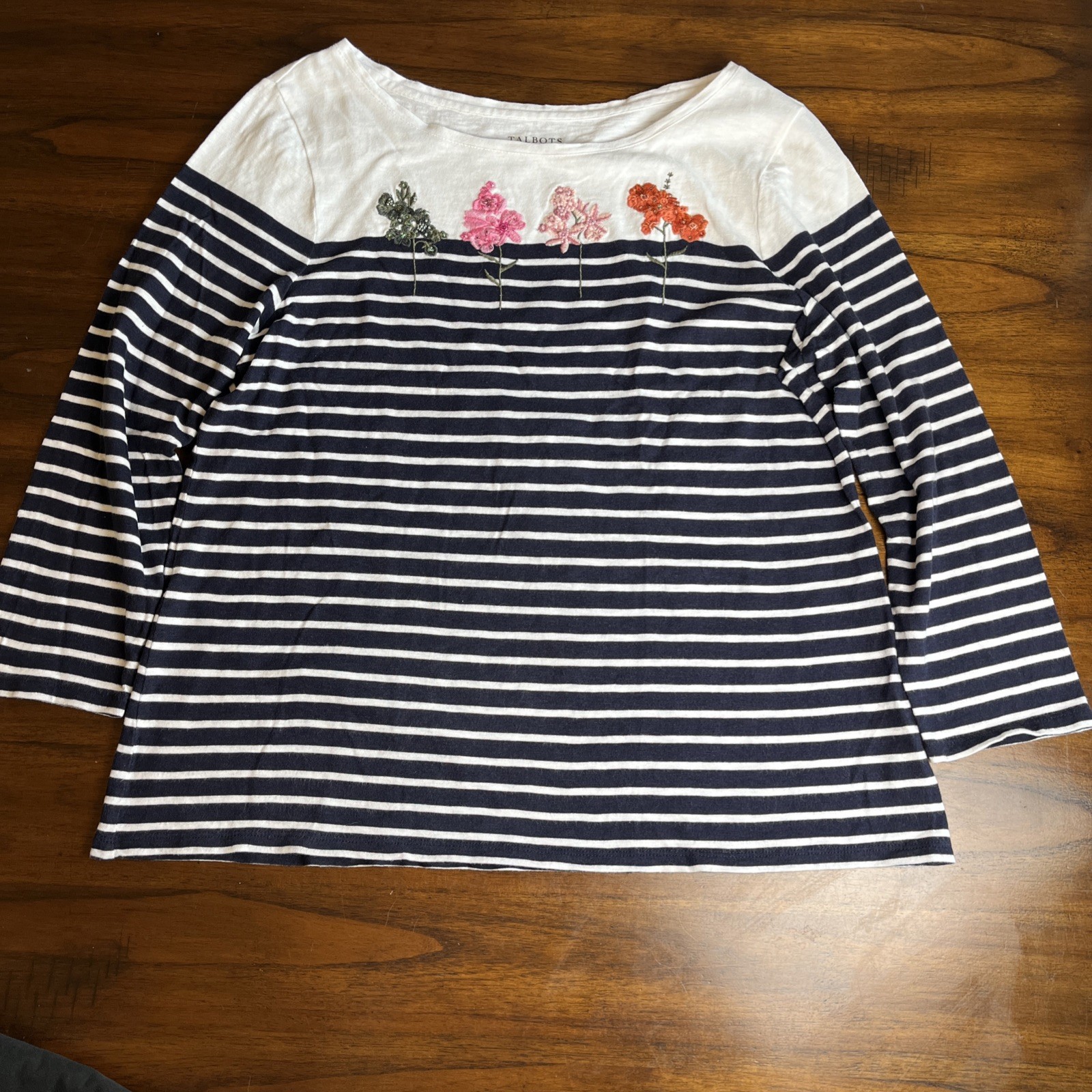 Talbots Large Navy White Stripe Top Embroidered Beaded Flowers Coastal Garden
