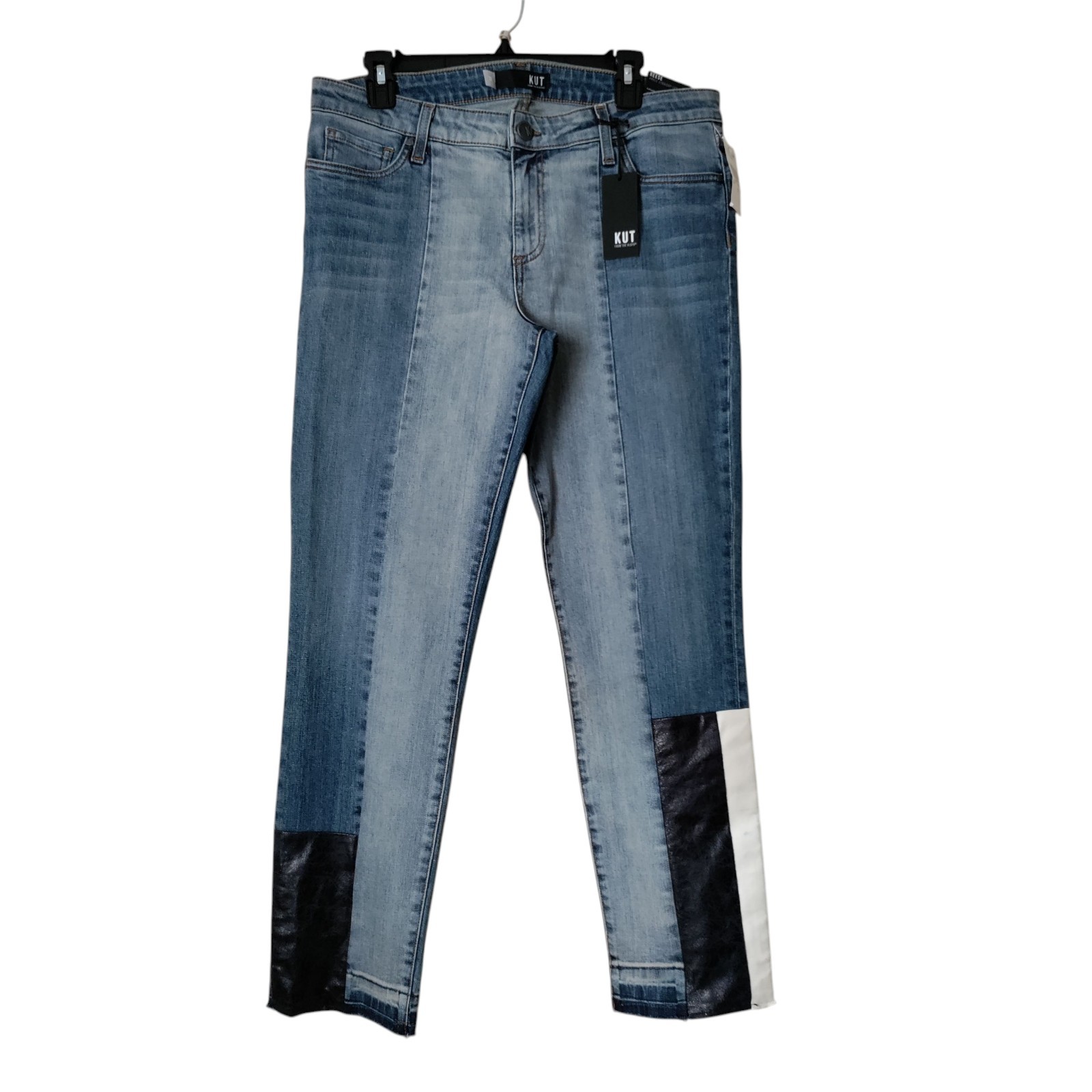 KUT Reese Jeans Women’s Sz 12 Blue Ankle Straight Two Tone Blocks Denim Raw Hem