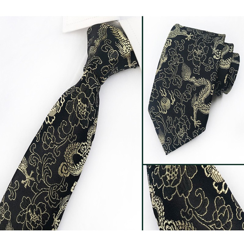 Men 8CM Wide Dragon Floral Jacquard Necktie Wedding Formal Tie Chinese Style