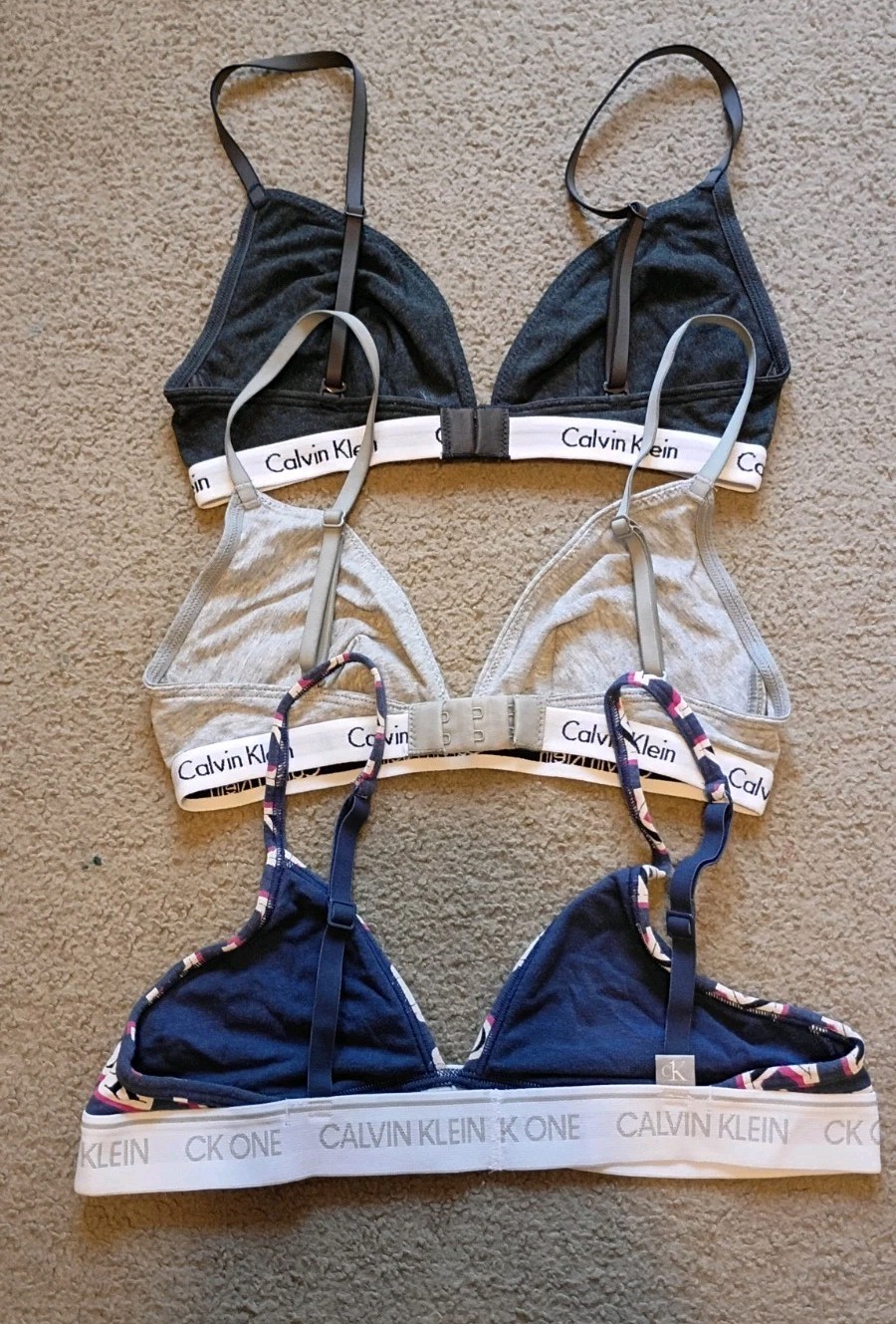 3 PCs Calvin Klein CK One Wireless Bralette Bra 34B Racerback Logo Band