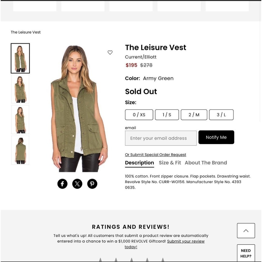 Current Elliott The Leisure Vest Sz S / 0 Olive Green Utility Military