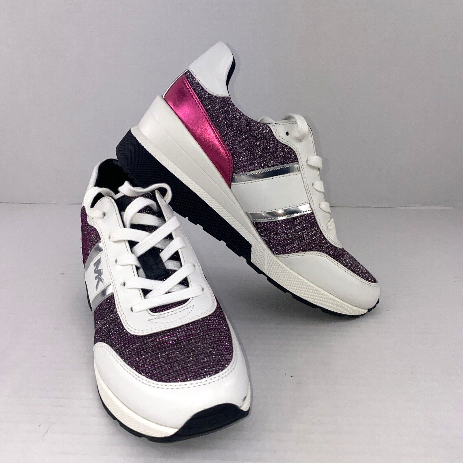 Michael Kors Mabel Trainers Sneakers Merlot Size 9 White Pink Glitter B3F