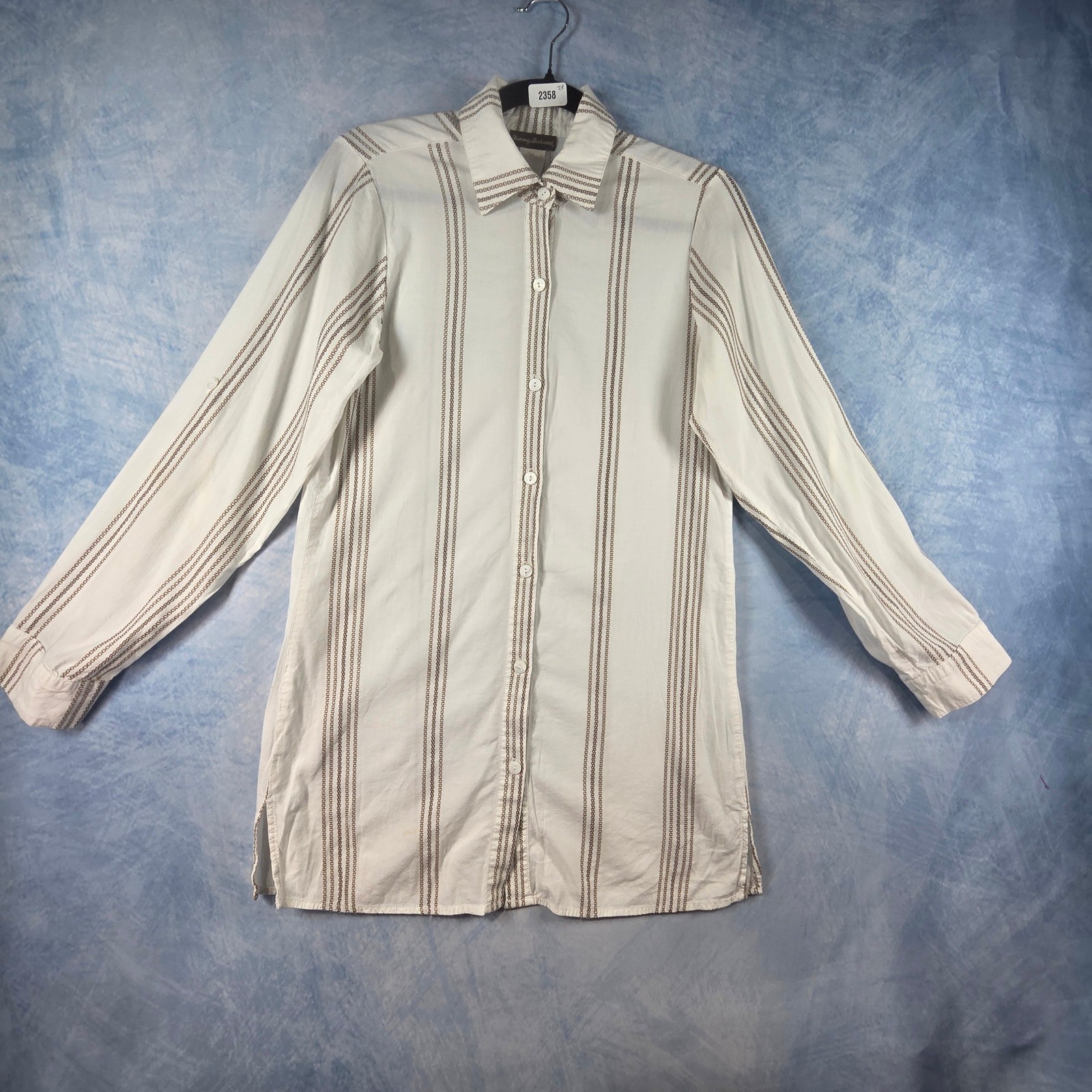 Tommy Bahama Womens White Brown Striped Roll Tab Sleeve Button Front Tunic Small
