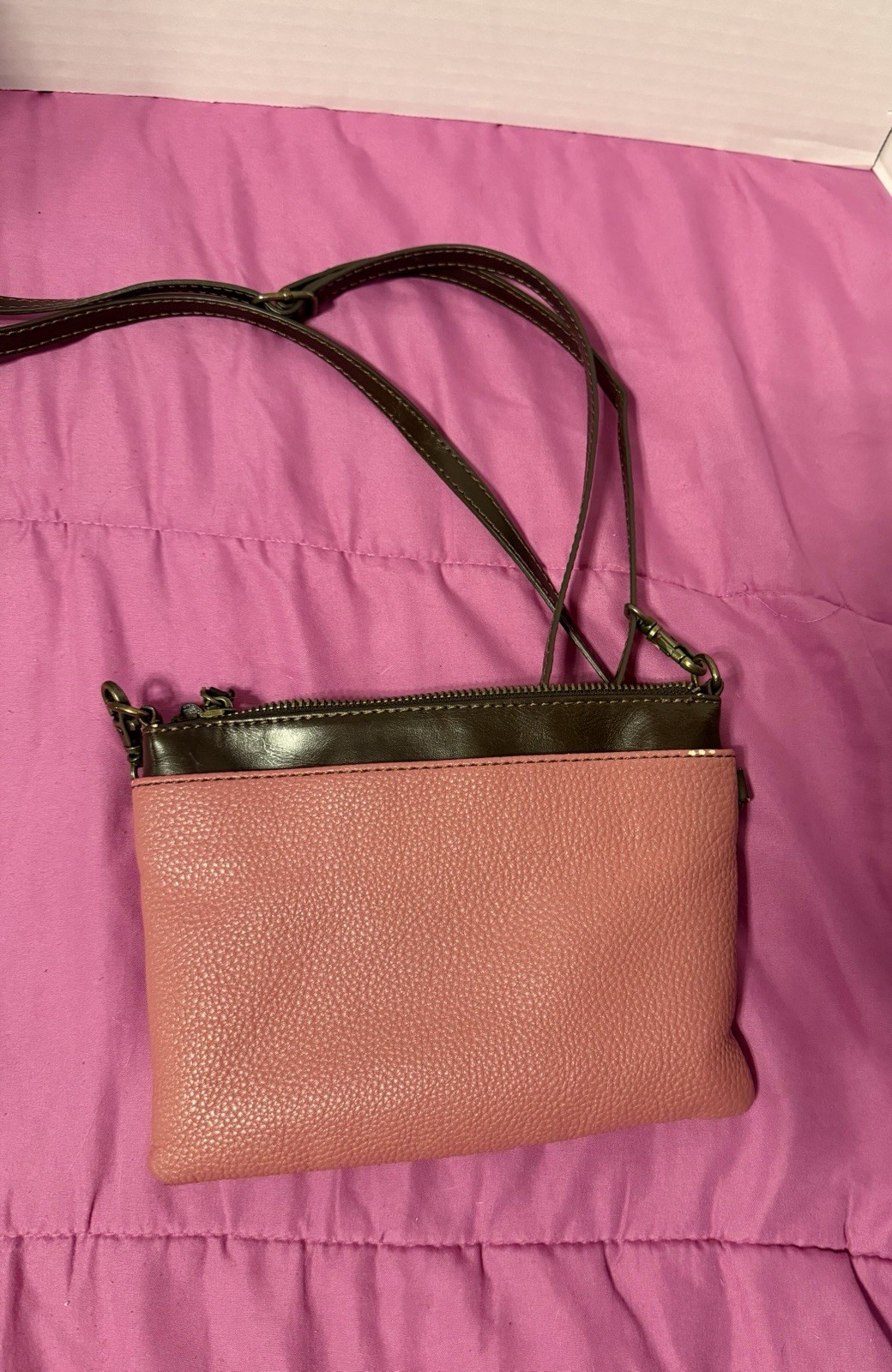 Chala Pink Butterfly Flower Accent Crossbody Bag Brown Strap Bronze Zipper Purse