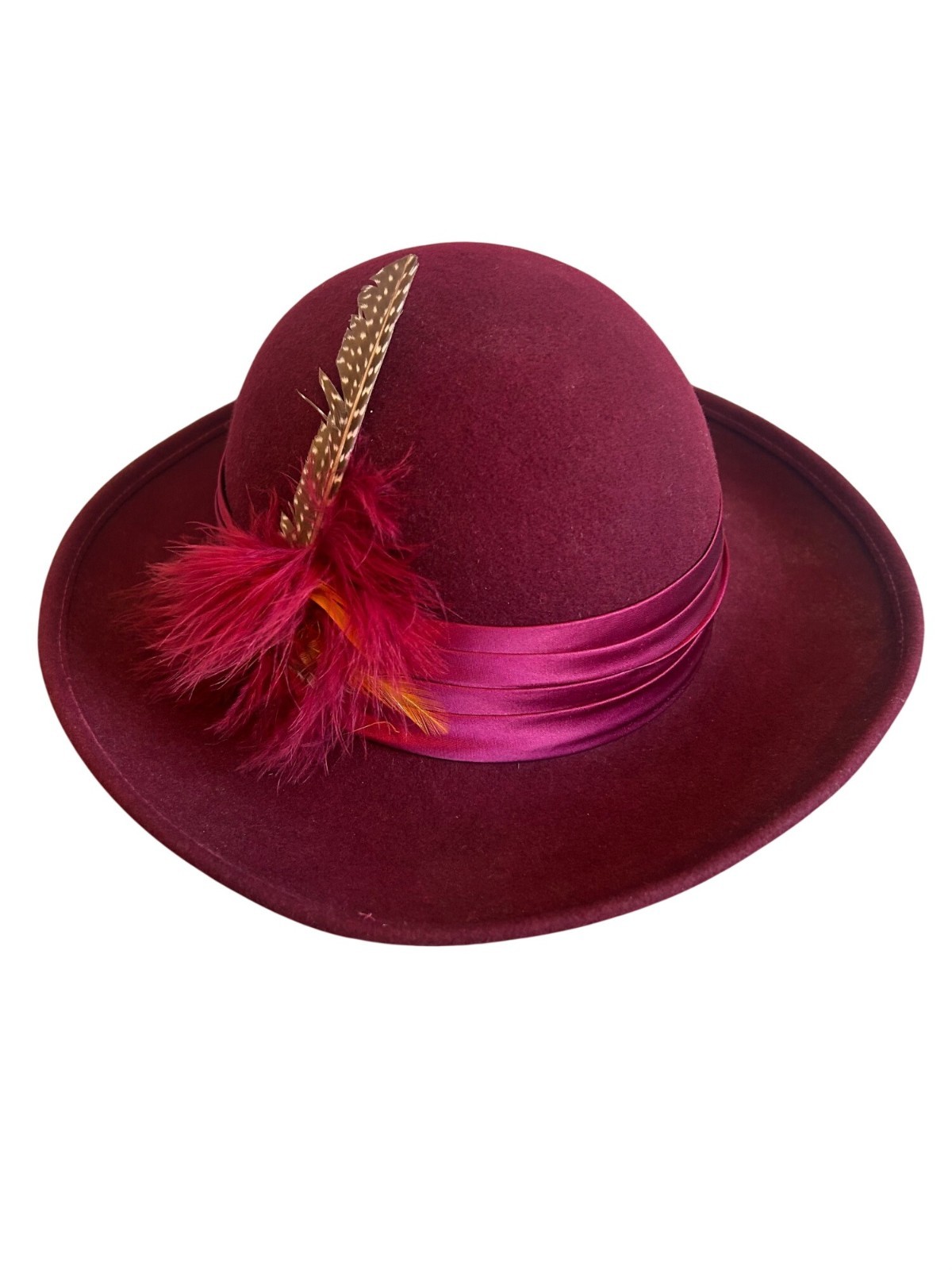 Vintage Geo W Bollman Burgundy Wool Hat With Satin Ribbon & Feather Accent