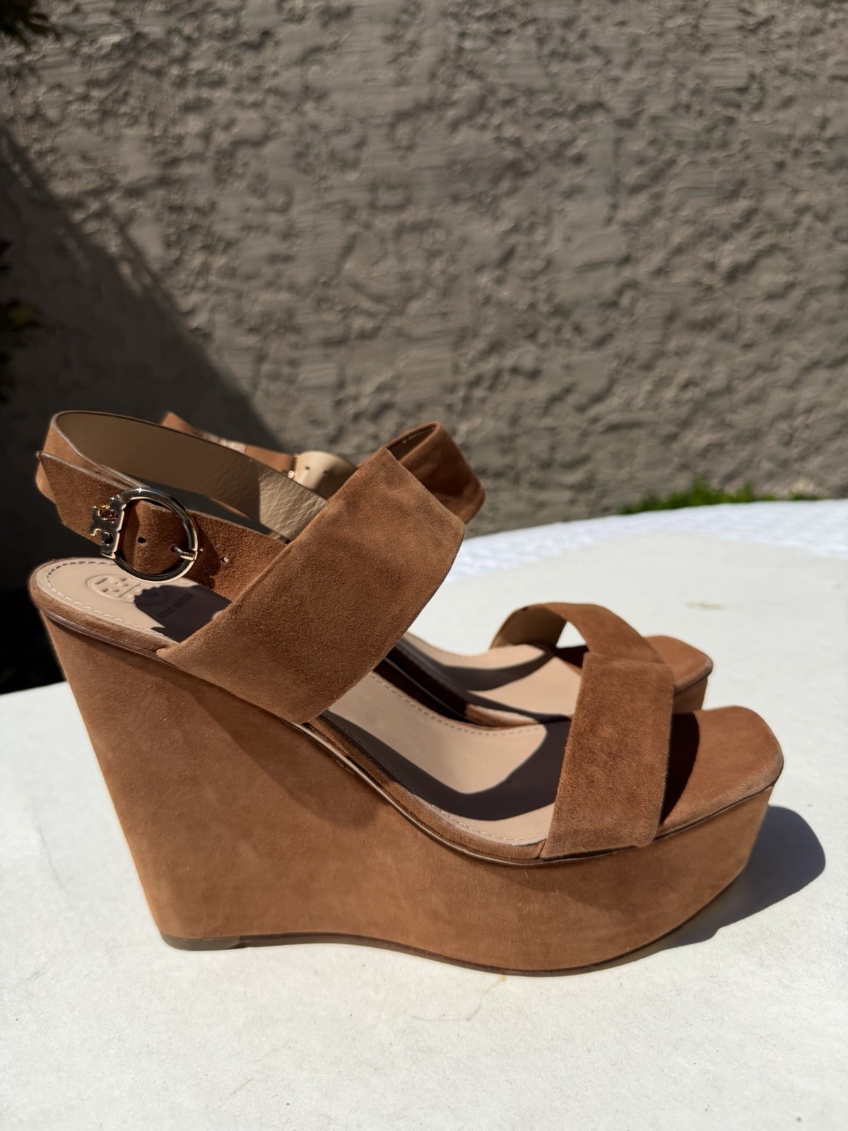 Tory Burch Loretta 120mm Lancaster Cuoio Brown Suede Platform Wedge Sandals 11 M
