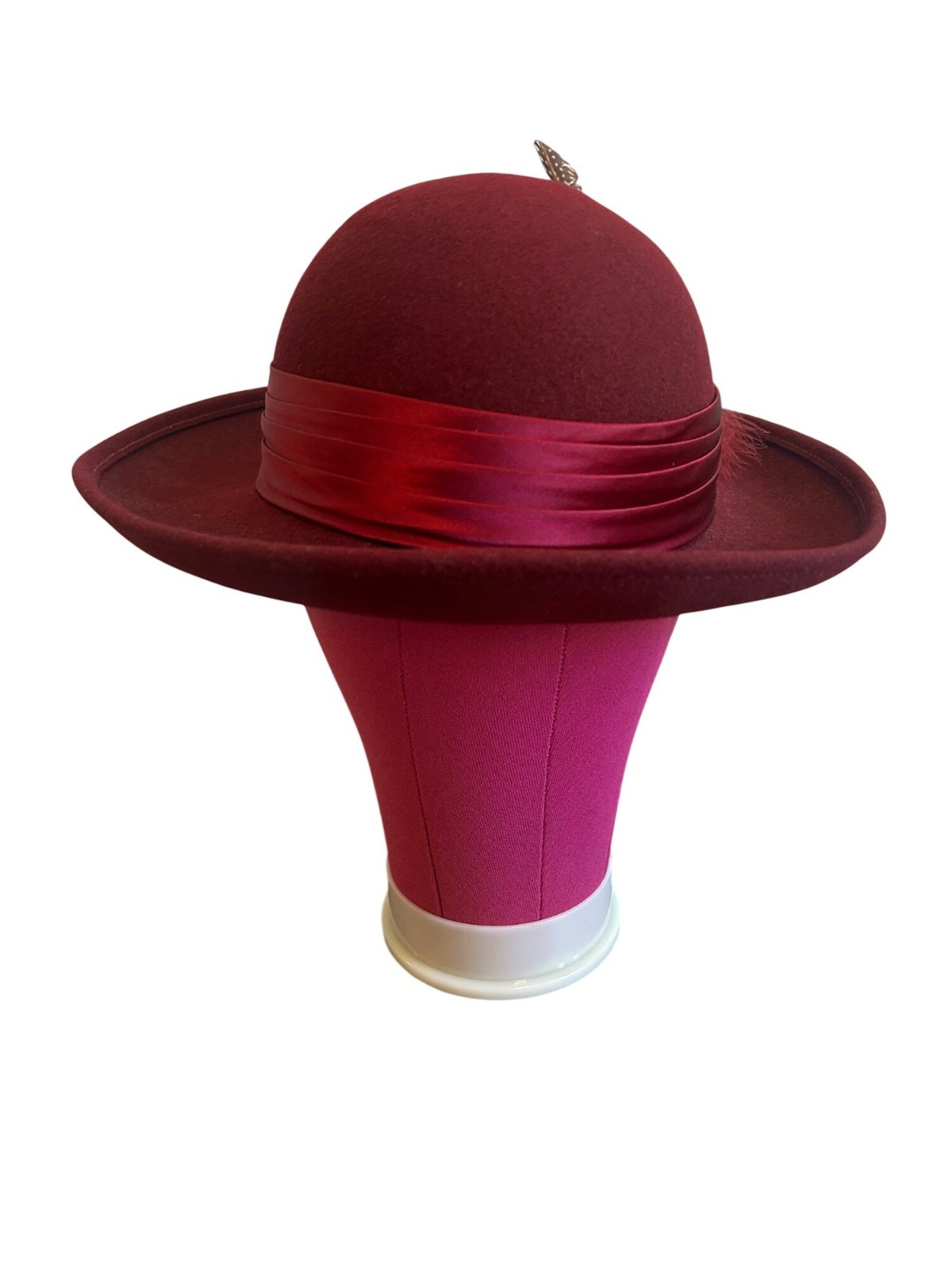 Vintage Geo W Bollman Burgundy Wool Hat With Satin Ribbon & Feather Accent