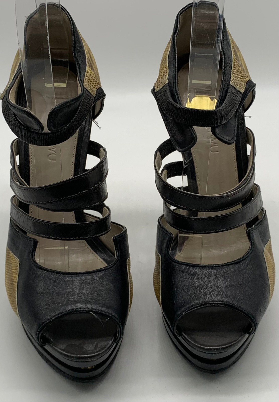 Jason Wu Womens Black Brown Yellow Leather Strappy Peep Toe Platform Pumps sz 38