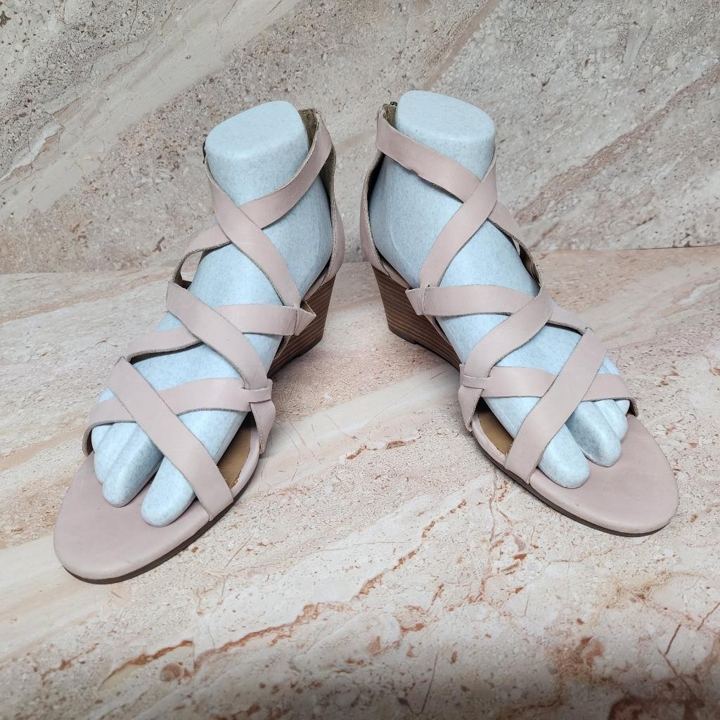 LUCKY BRAND JEWELIA Sandshell Leather Wedge Strappy Zipper Heel Sandals US 9.5!
