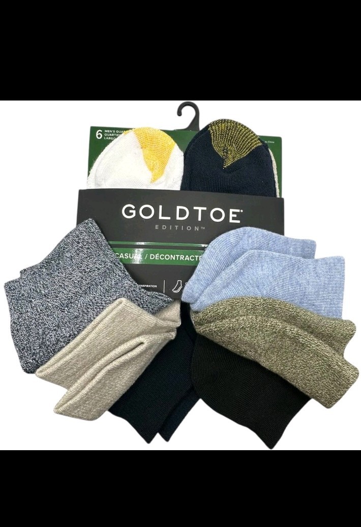 GOLDTOE Quarter Socks 6 Pairs Men’s Shoe Size 6-12.5 Tri-Color Moisture Wicking