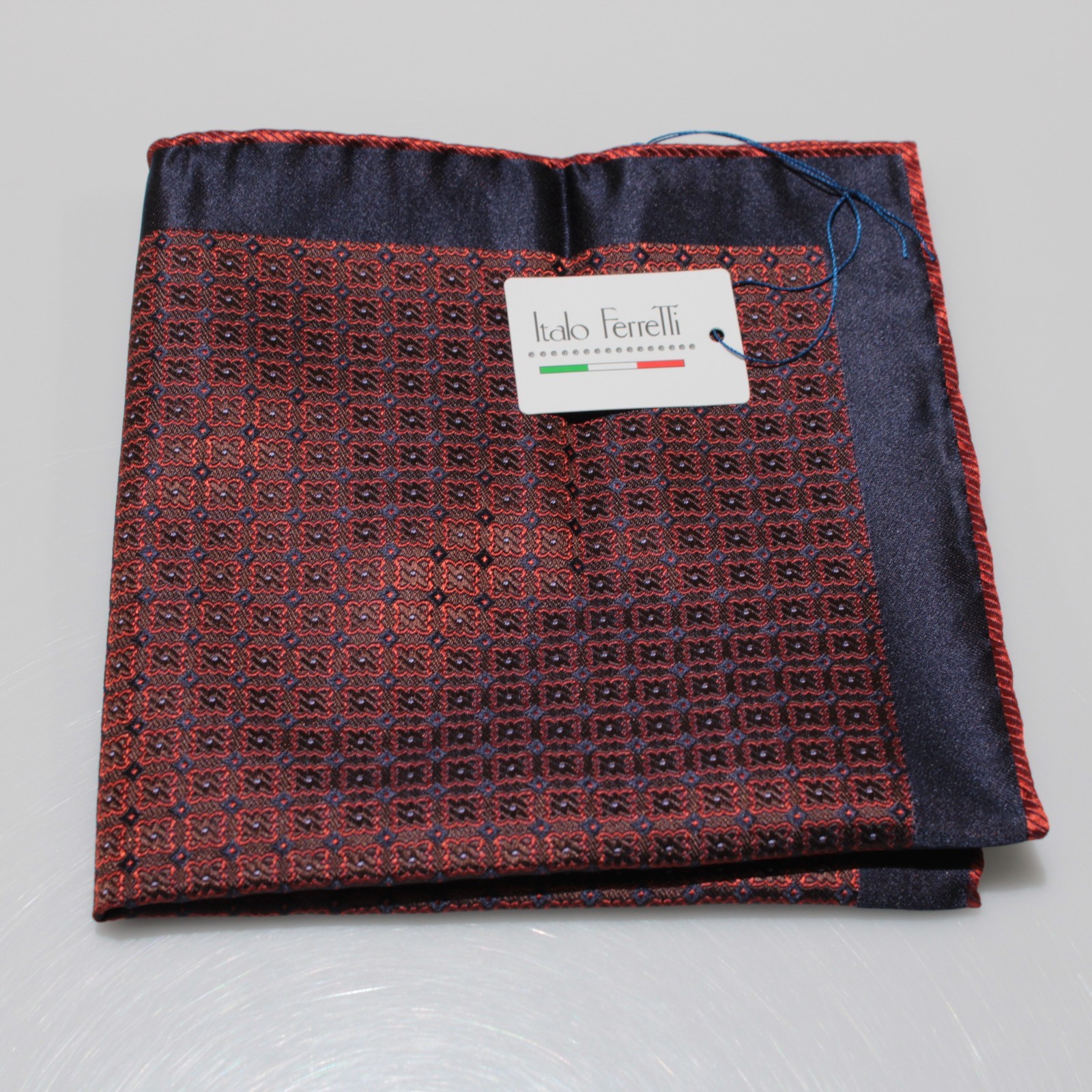 Italo Ferretti NWT 100% Silk Pocket Square In Orange / Blue Geometric Print
