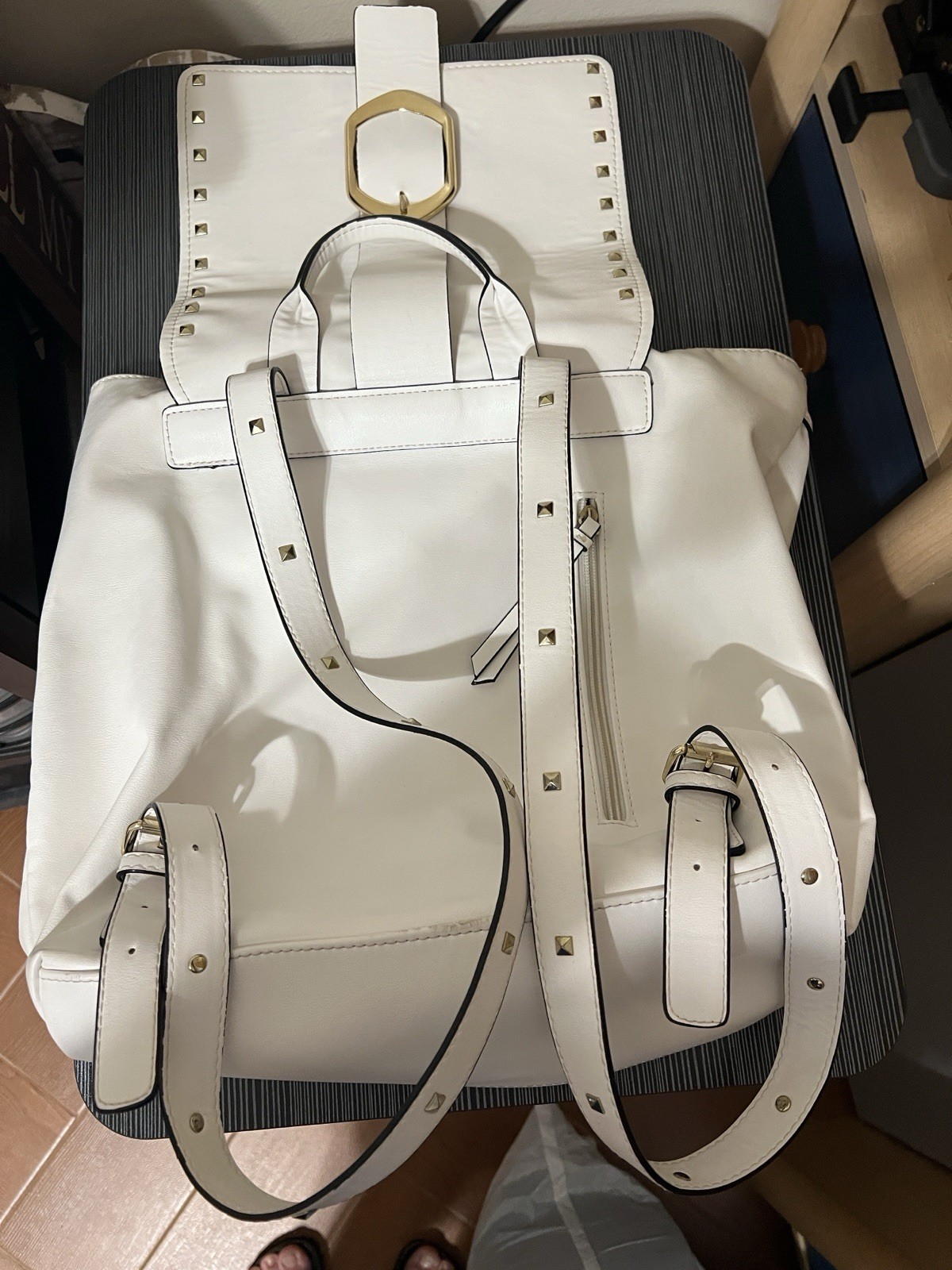 Gianni Bini White Studded Backpack Purse Gold Hardware Buckle Striped Lined