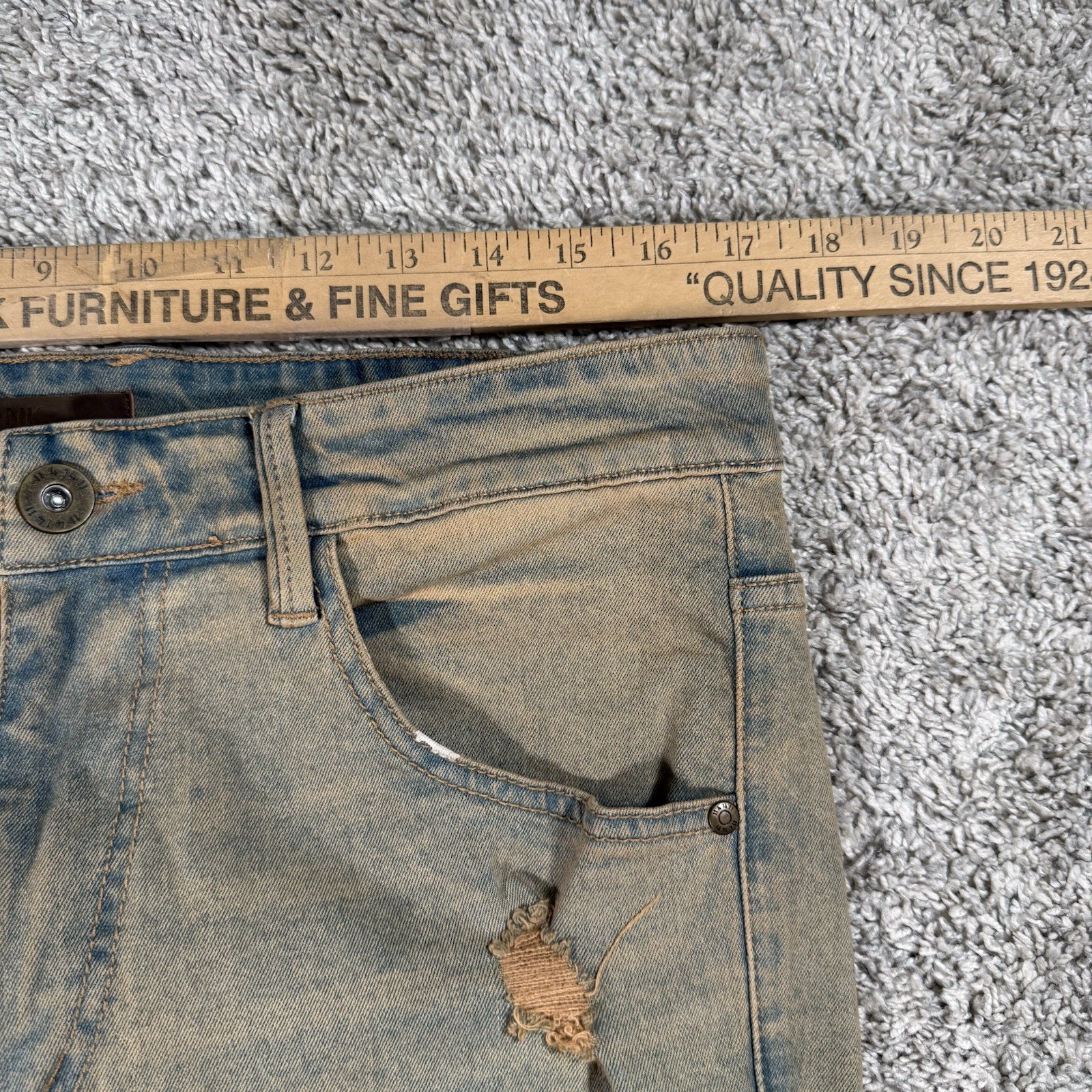 KDNK Jeans Mens Size 34×32 Blue Tan Paint Splatter Distressed Slim Denim Pants